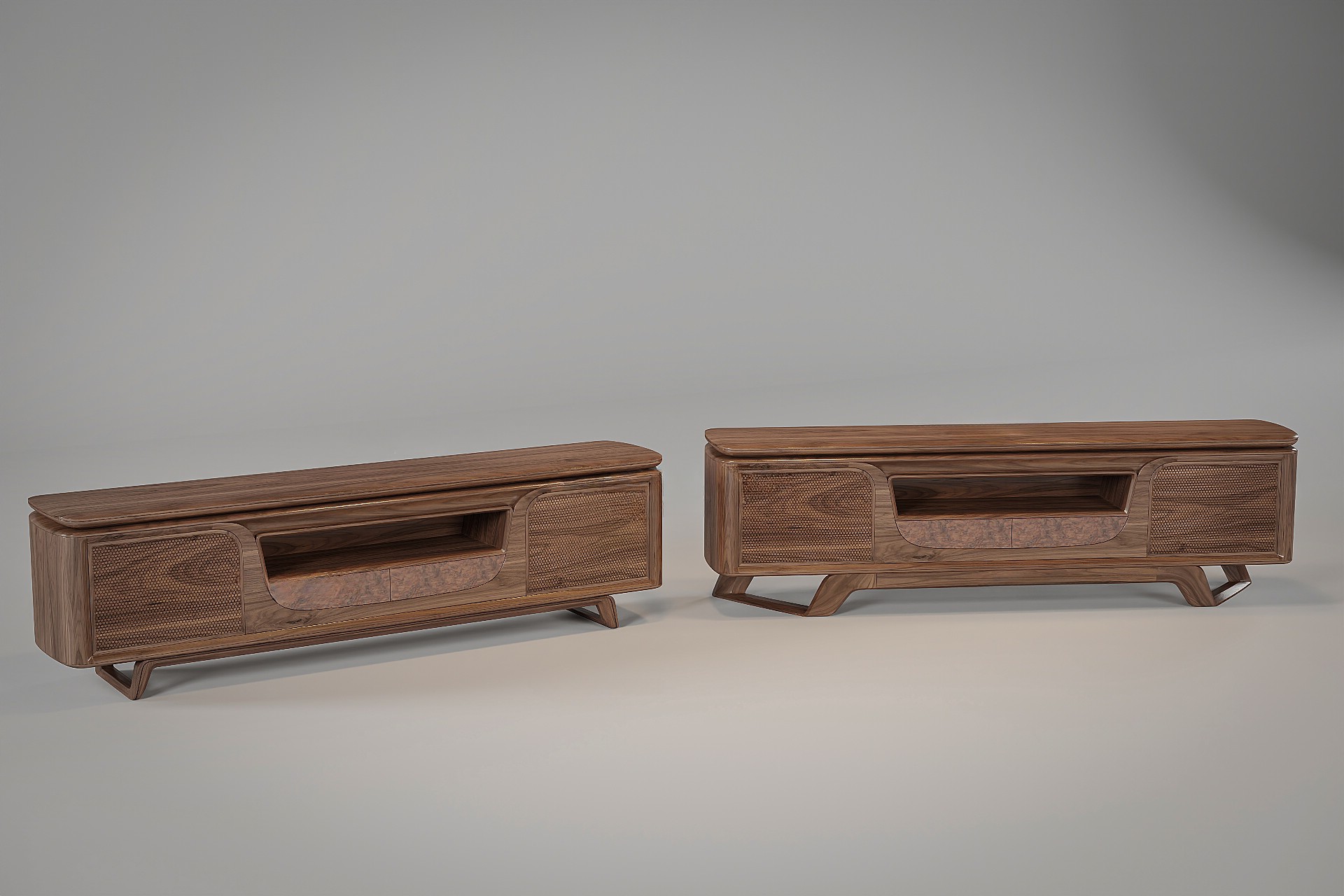 Thiết kế kệ tivi phòng khách gỗ tự nhiên màu nâu nhạt với cánh CNC mắt cáo và ngăn kéo veneer nu hình vòm cung