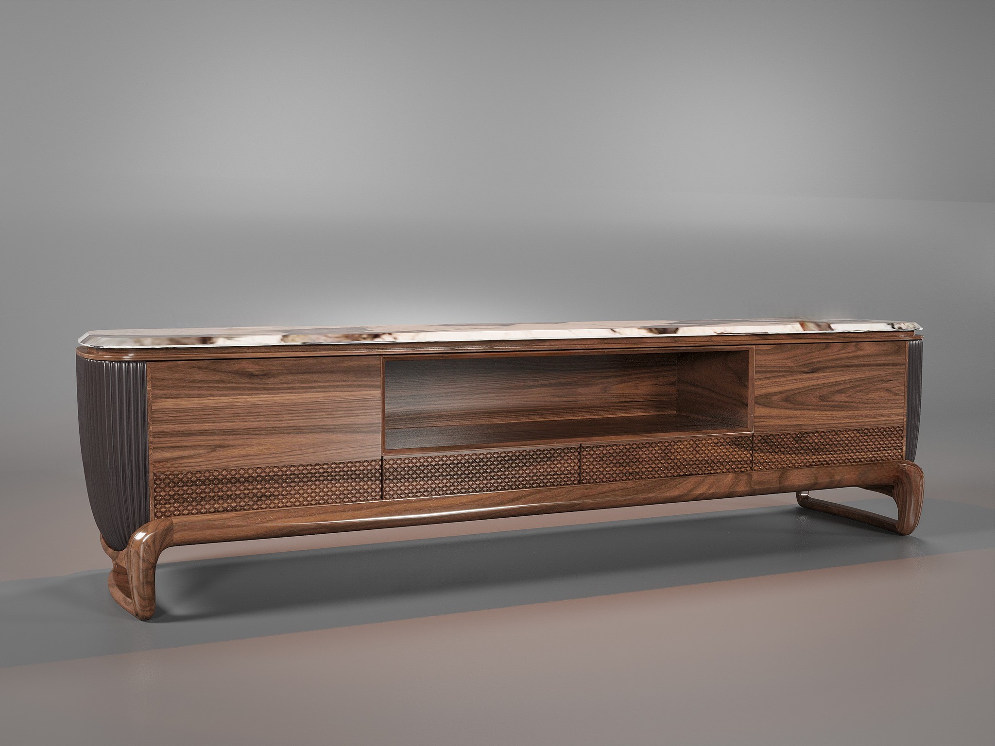 Thiết kế kệ tivi gỗ tự nhiên hiện đại với mặt đá granite và chân chữ U