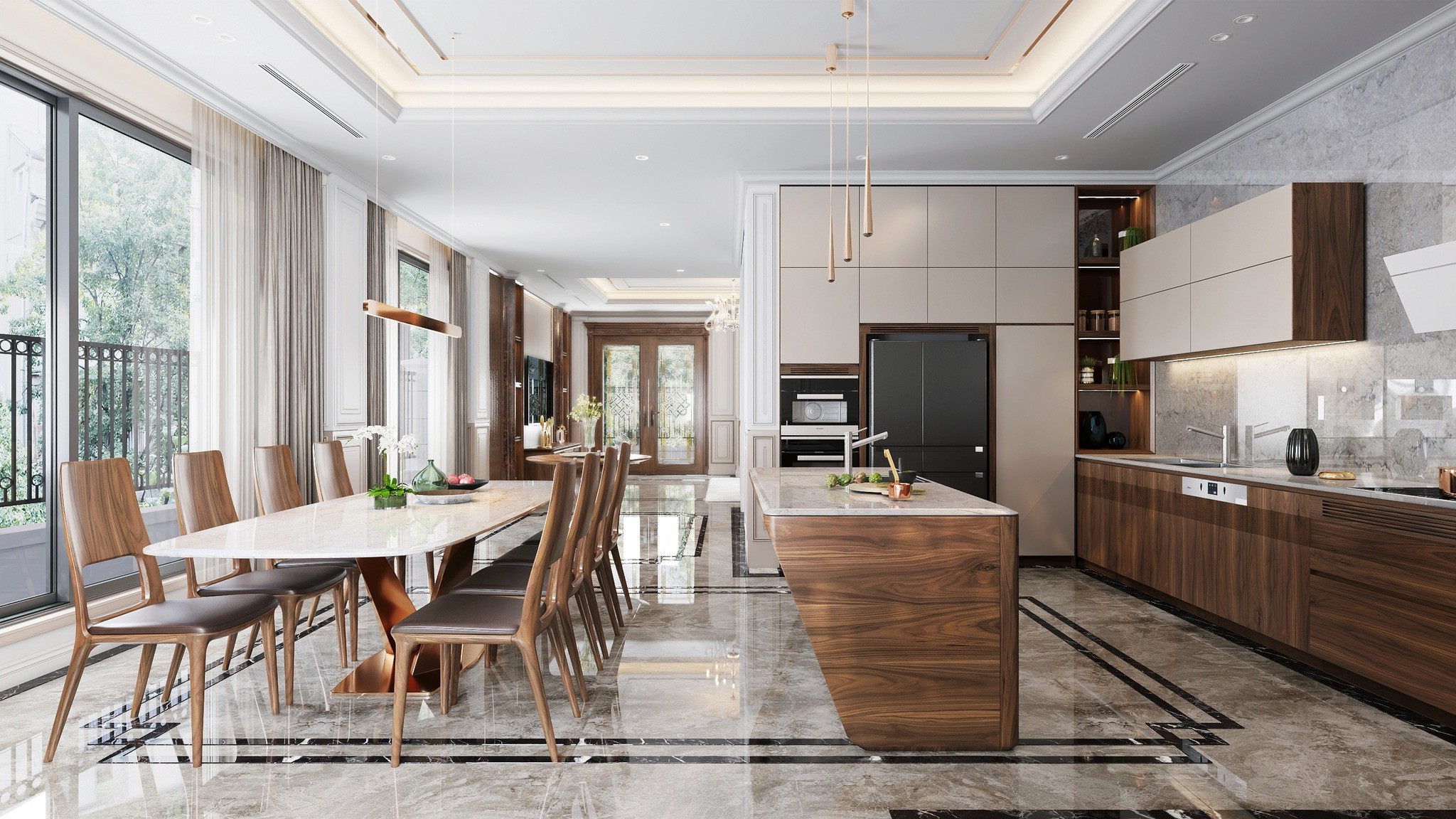 Thiết kế nội thất biệt thự với bàn ăn đá trắng, trần giật cấp và hệ tủ bếp chữ L