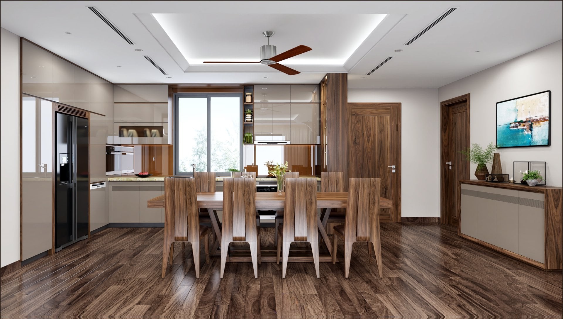 Thiết kế nội thất chung cư với trần giật cấp vuông và nội thất gỗ hiện đại