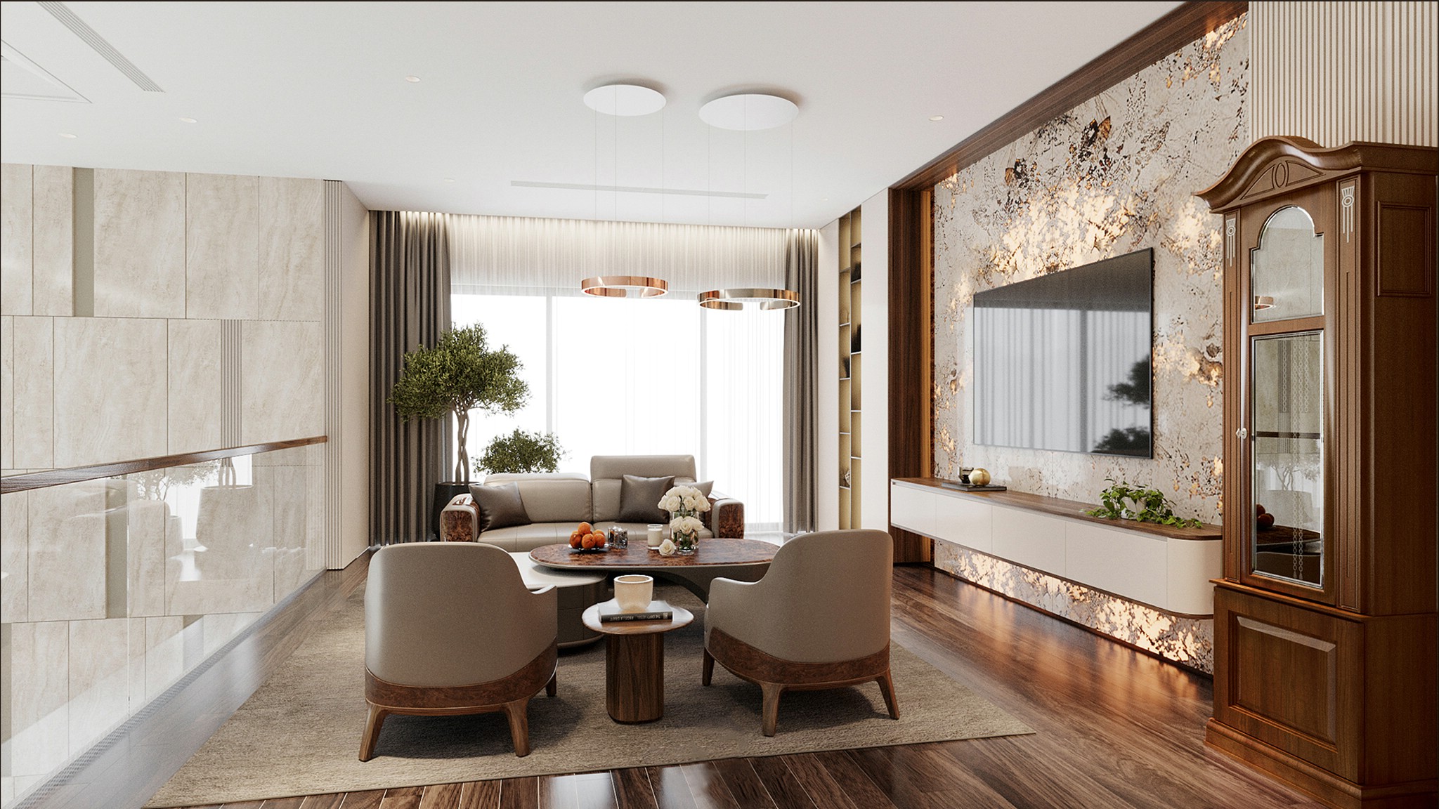 Thiết kế nội thất phòng khách chung cư với sofa gỗ, bàn trà veneer nu và kệ tivi treo tường