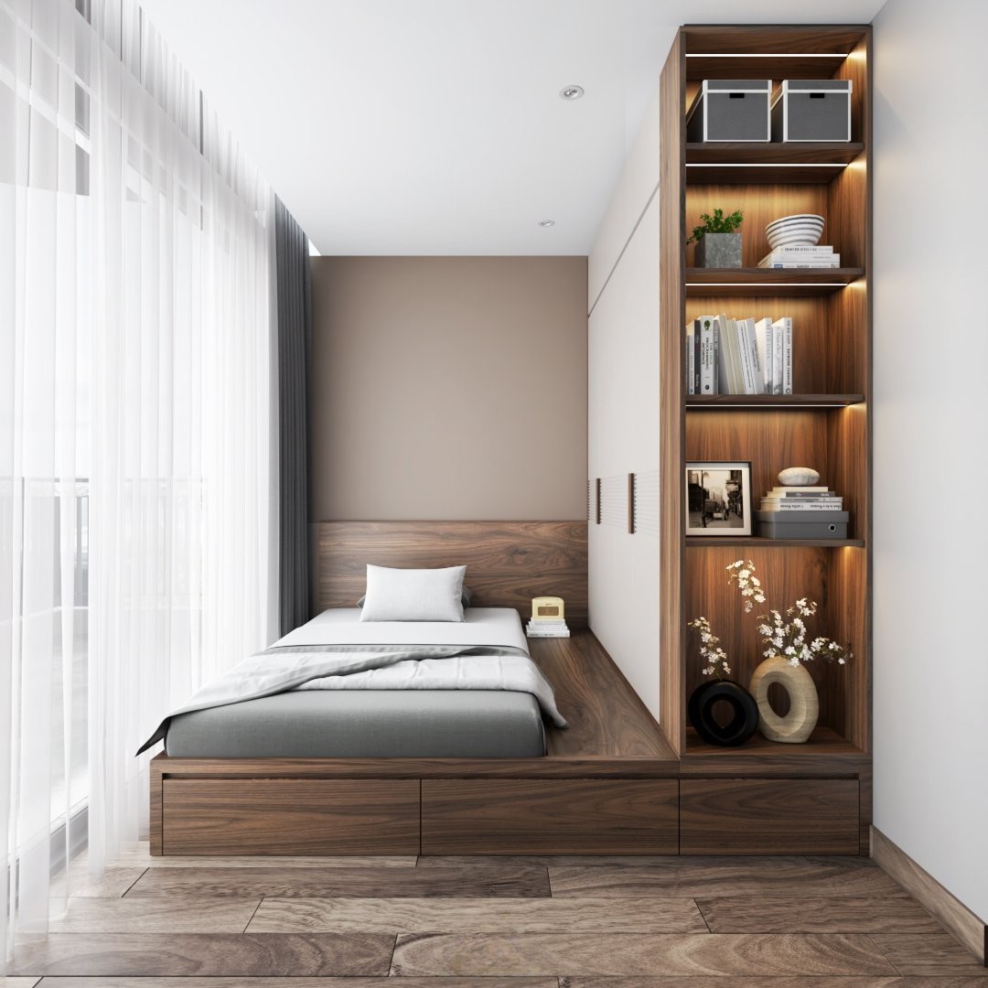 Thiết kế nội thất phòng ngủ nhỏ hiện đại với giường hộp và tủ quần áo kịch trần