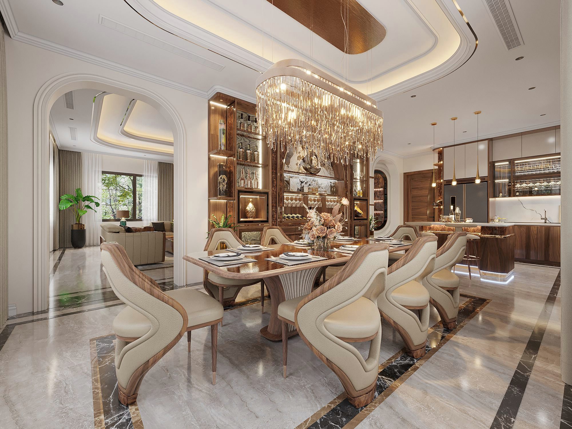 Tư vấn thiết kế nội thất hiện đại với trần giật cấp, bàn ghế gỗ óc chó và tủ bếp song song