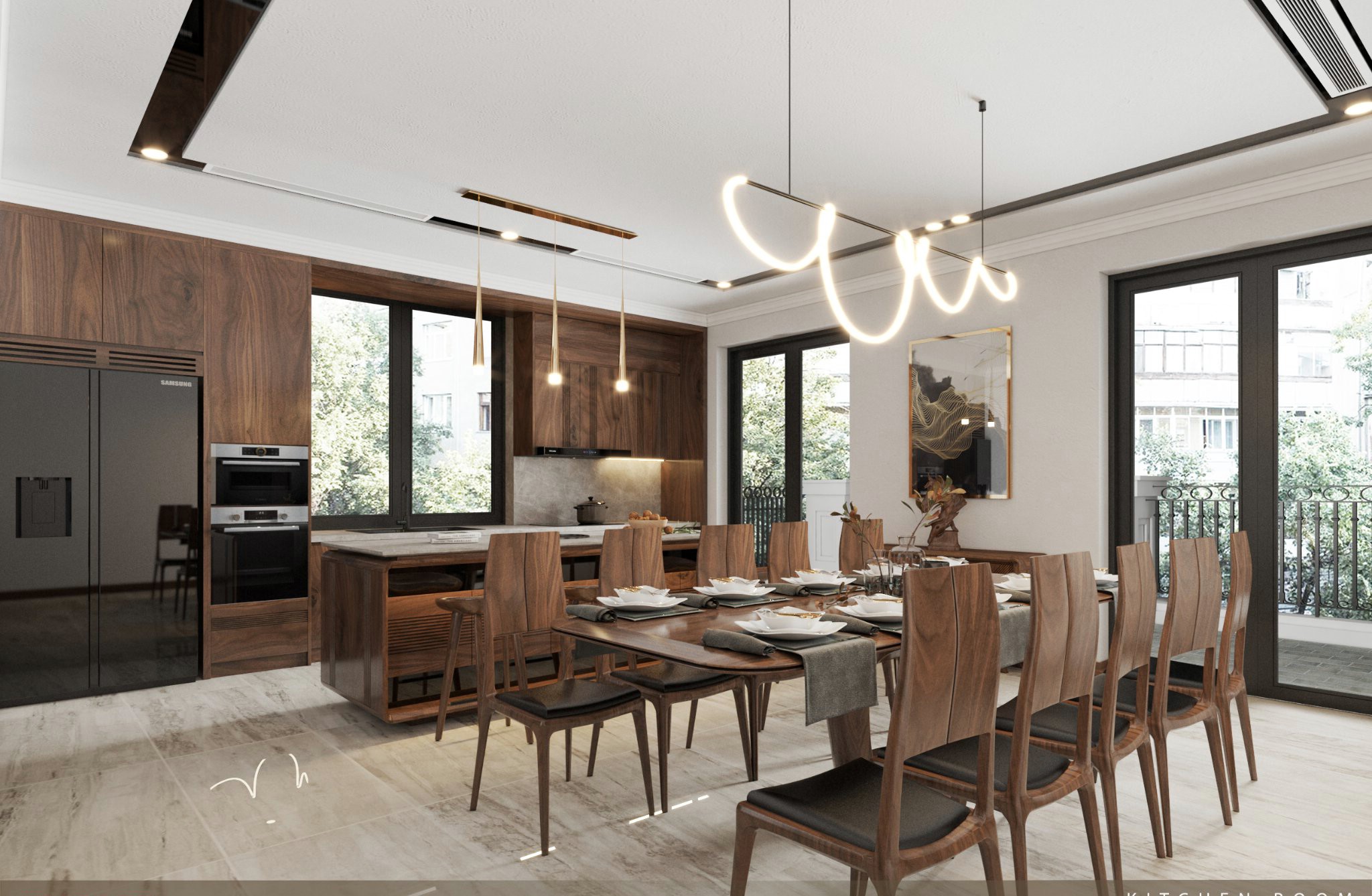 Thiết kế phòng bếp đẹp với tủ bếp gỗ óc chó chữ I và bàn đảo mặt đá xám hiện đại