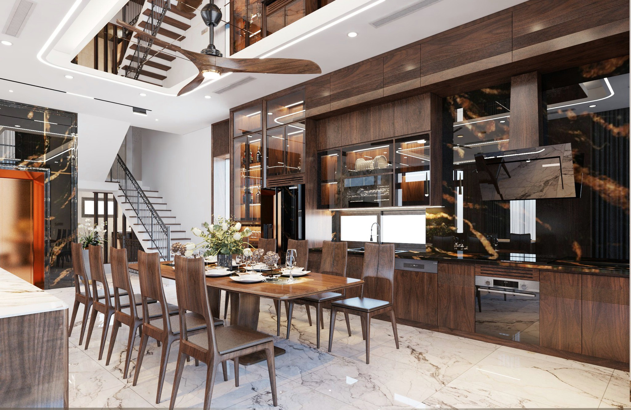 Thiết kế phòng bếp hiện đại với bàn ăn gỗ óc chó 10 ghế và tủ bếp chữ I