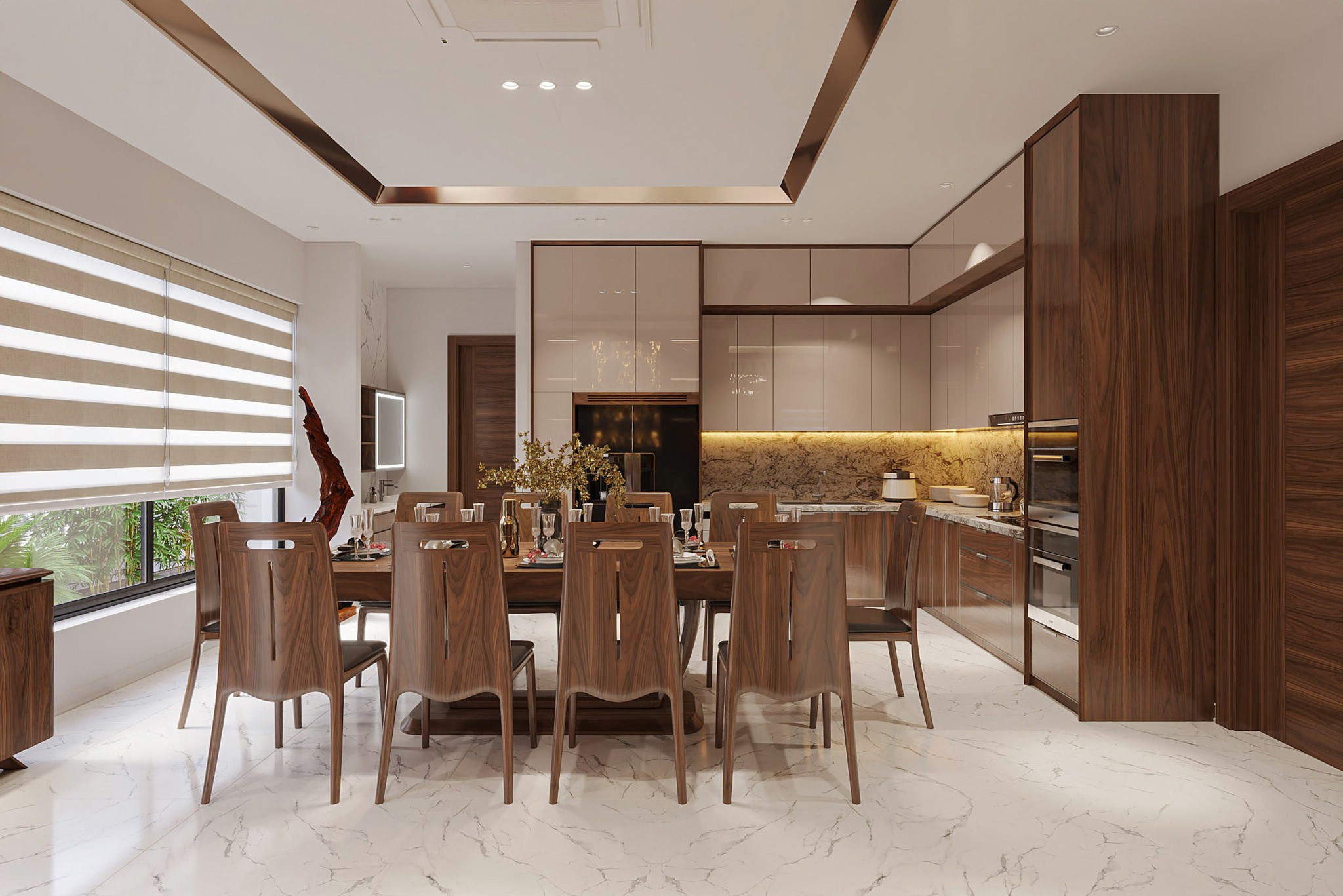 Thiết kế phòng bếp hiện đại với bàn ăn gỗ nguyên khối 10 ghế và tủ bếp chữ L cao kịch trần