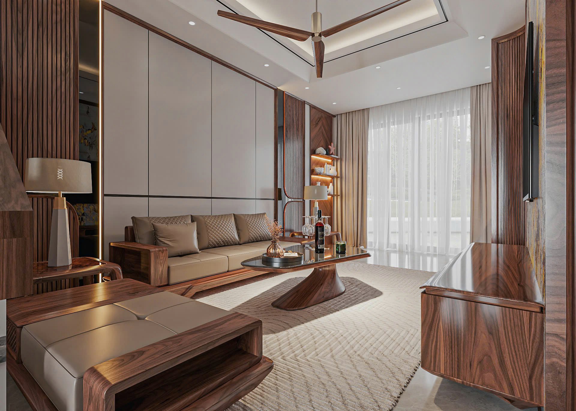 Thiết kế phòng khách chung cư đẹp với bàn ghế gỗ óc chó và cửa kính logia lớn