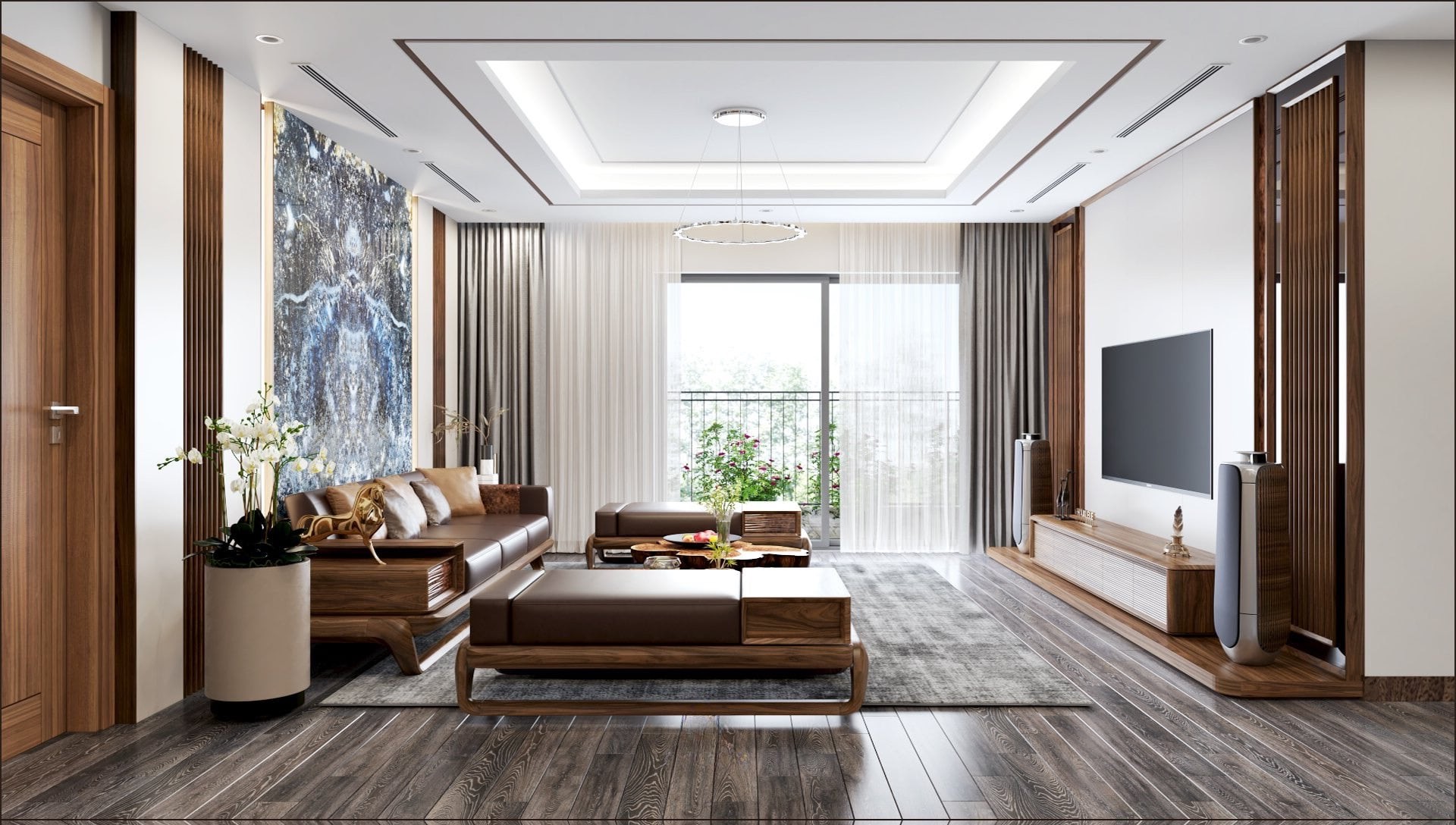 Thiết kế phòng khách chung cư đơn giản với sofa gỗ óc chó và kệ tivi acrylic trắng