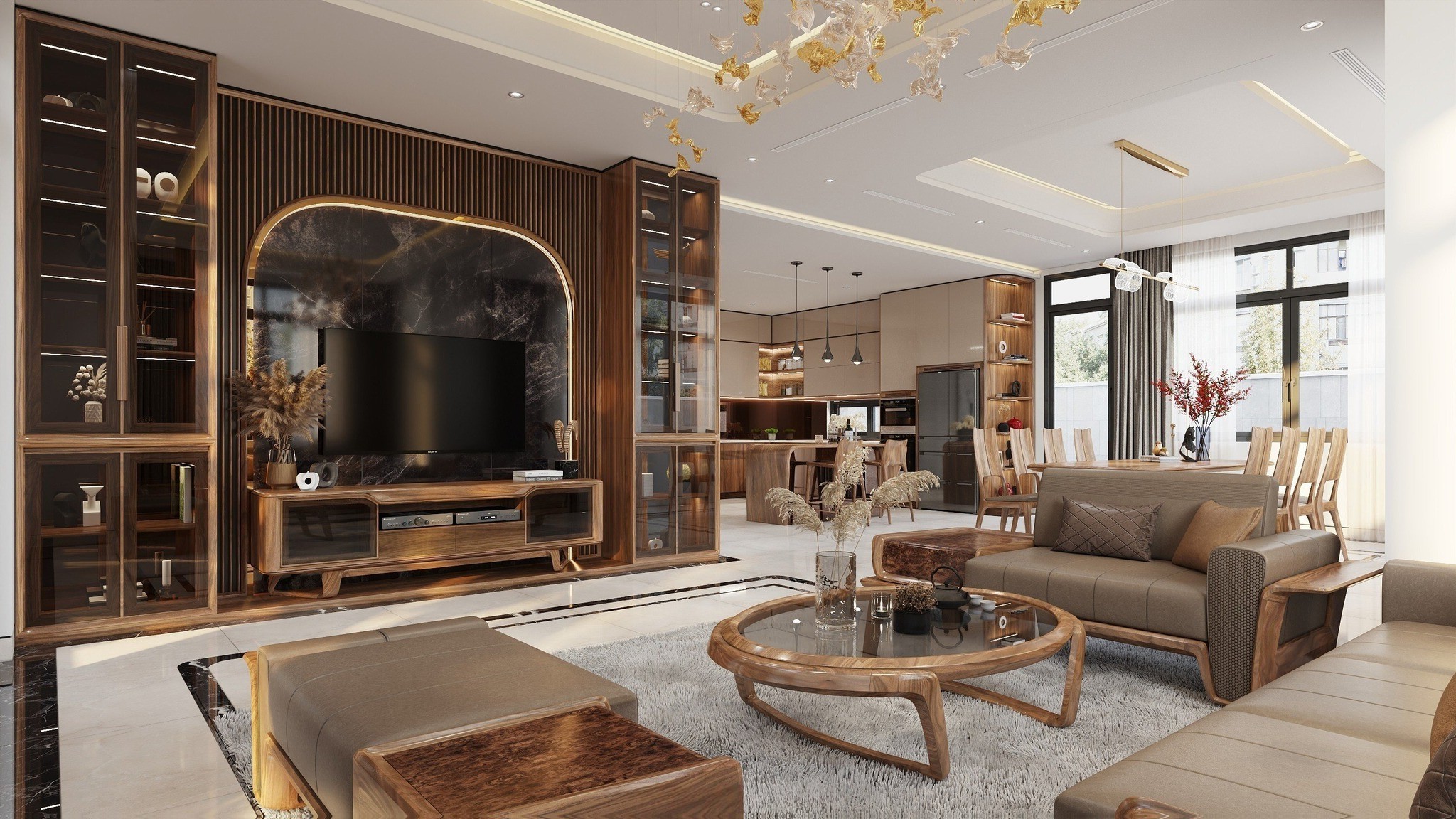 Thiết kế phòng khách chung cư hiện đại với kệ tivi, tường ốp giả đá và sofa gỗ óc chó