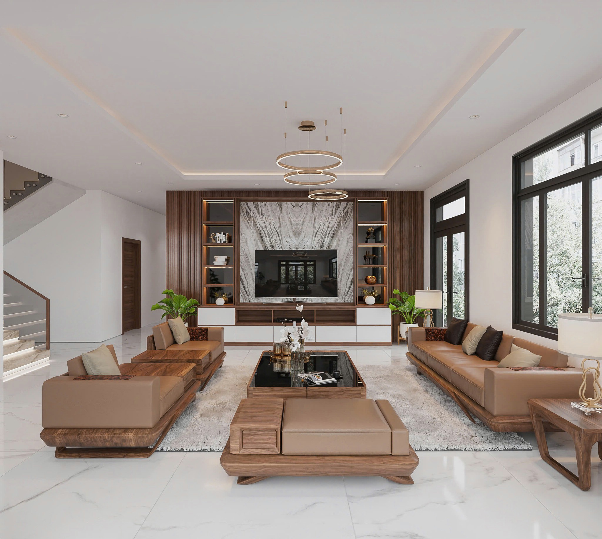 Thiết kế phòng khách đẹp đơn giản với bàn ghế gỗ óc chó và bàn trà vuông mặt kính Thiết kế phòng khách đẹp đơn giản với bàn ghế gỗ óc chó và bàn trà vuông mặt kính
