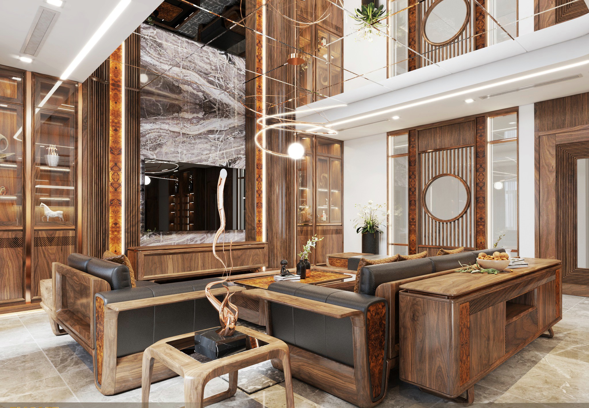 Thiết kế phòng khách đẹp sang trọng với tone màu nâu gụ và nội thất gỗ cao cấp