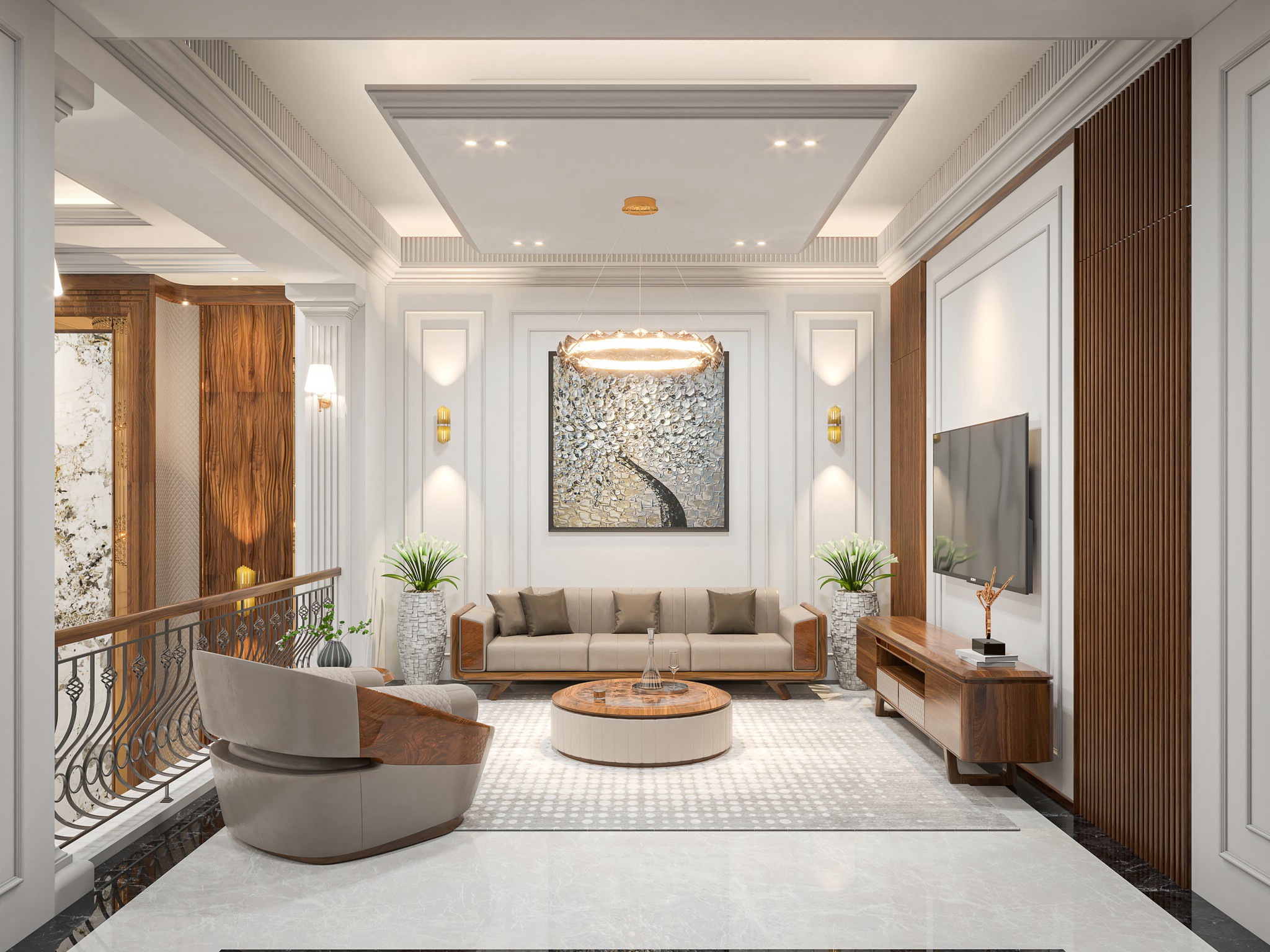 Thiết kế phòng khách đơn giản mà đẹp với tone trắng và nội thất gỗ MDF phủ laminate