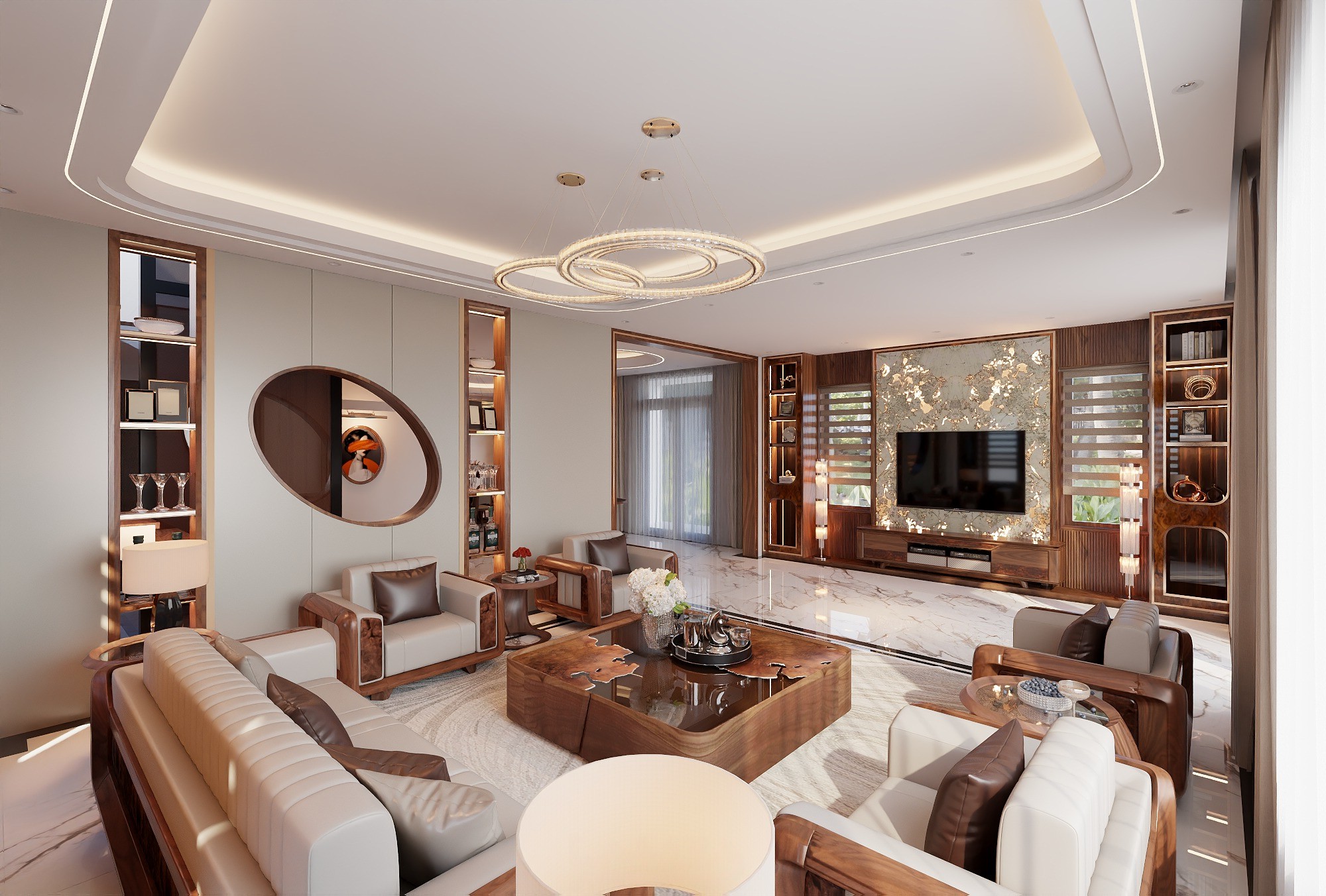 Thiết kế phòng khách hiện đại tân cổ điển với kệ tivi ốp đá Onyx và kệ trang trí vòm cung