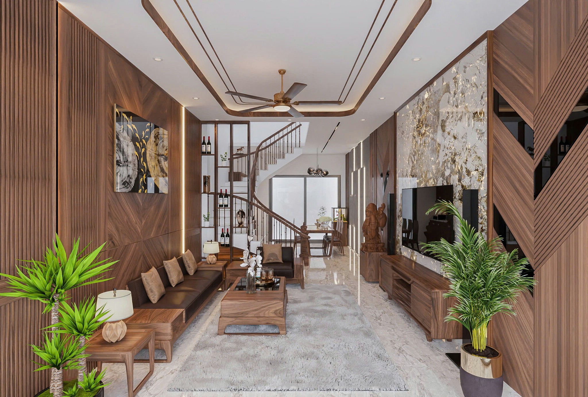 Thiết kế phòng khách nhà ống đẹp hiện đại với sofa gỗ, kệ tivi và tường ốp PVC vân gỗ