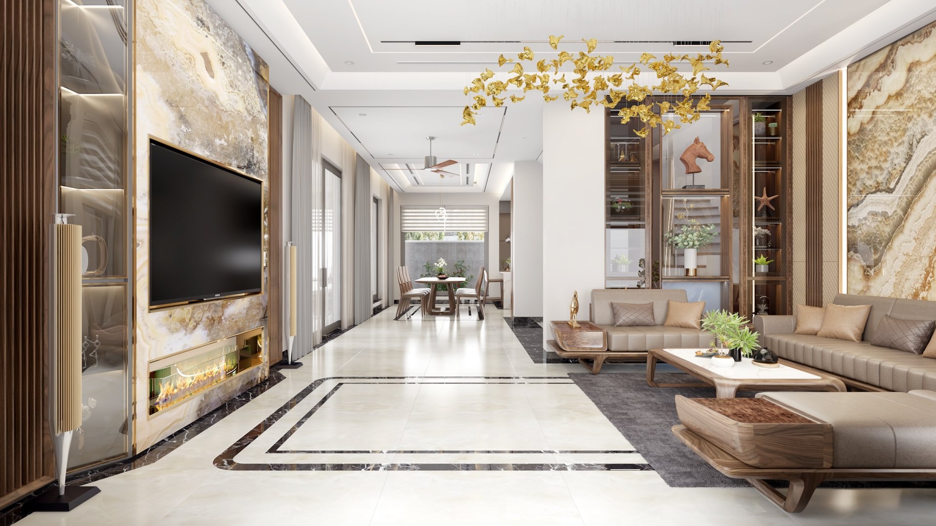 Thiết kế phòng khách nhà ống hiện đại với nội thất gỗ óc chó và kệ tivi vân đá