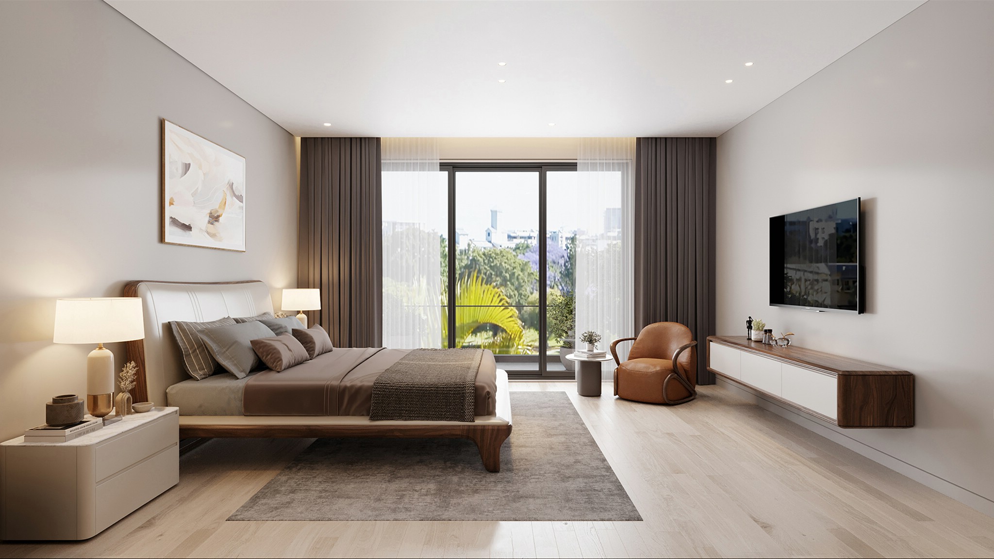 Thiết kế phòng ngủ chung cư hiện đại với giường ngủ gỗ dáng thấp và kệ tivi treo tường