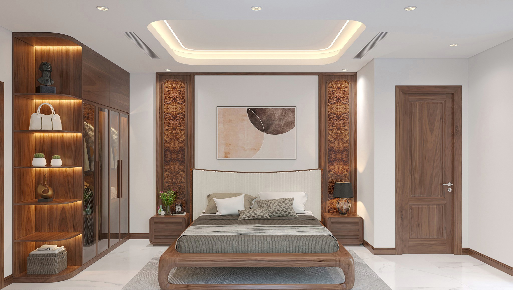 Thiết kế phòng ngủ đẹp cho nữ với giường gỗ chân chữ U và tủ quần áo kính trong suốt