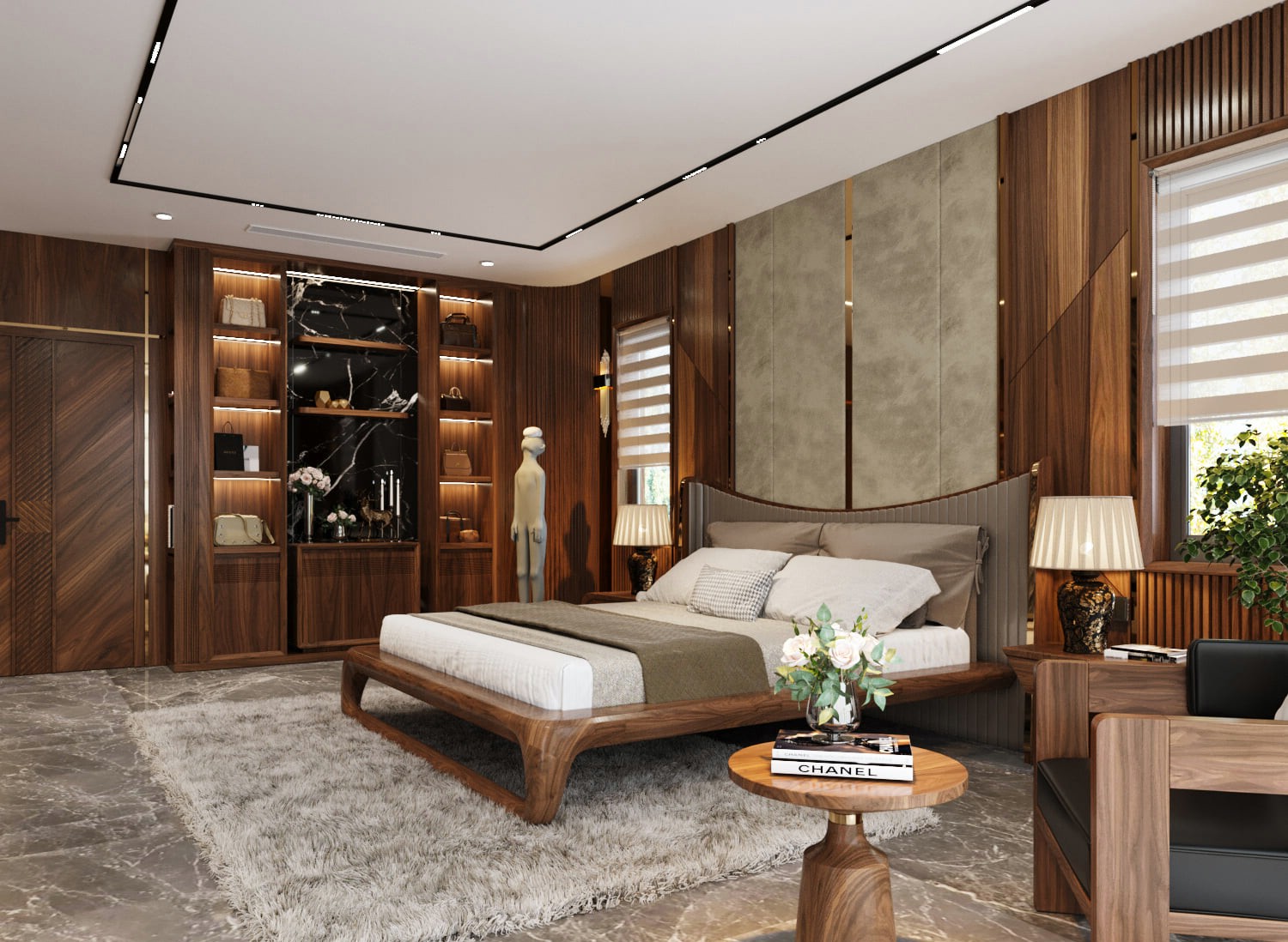 Thiết kế phòng ngủ đẹp sang trọng với giường gỗ óc chó và hệ tủ để túi xách hiện đại
