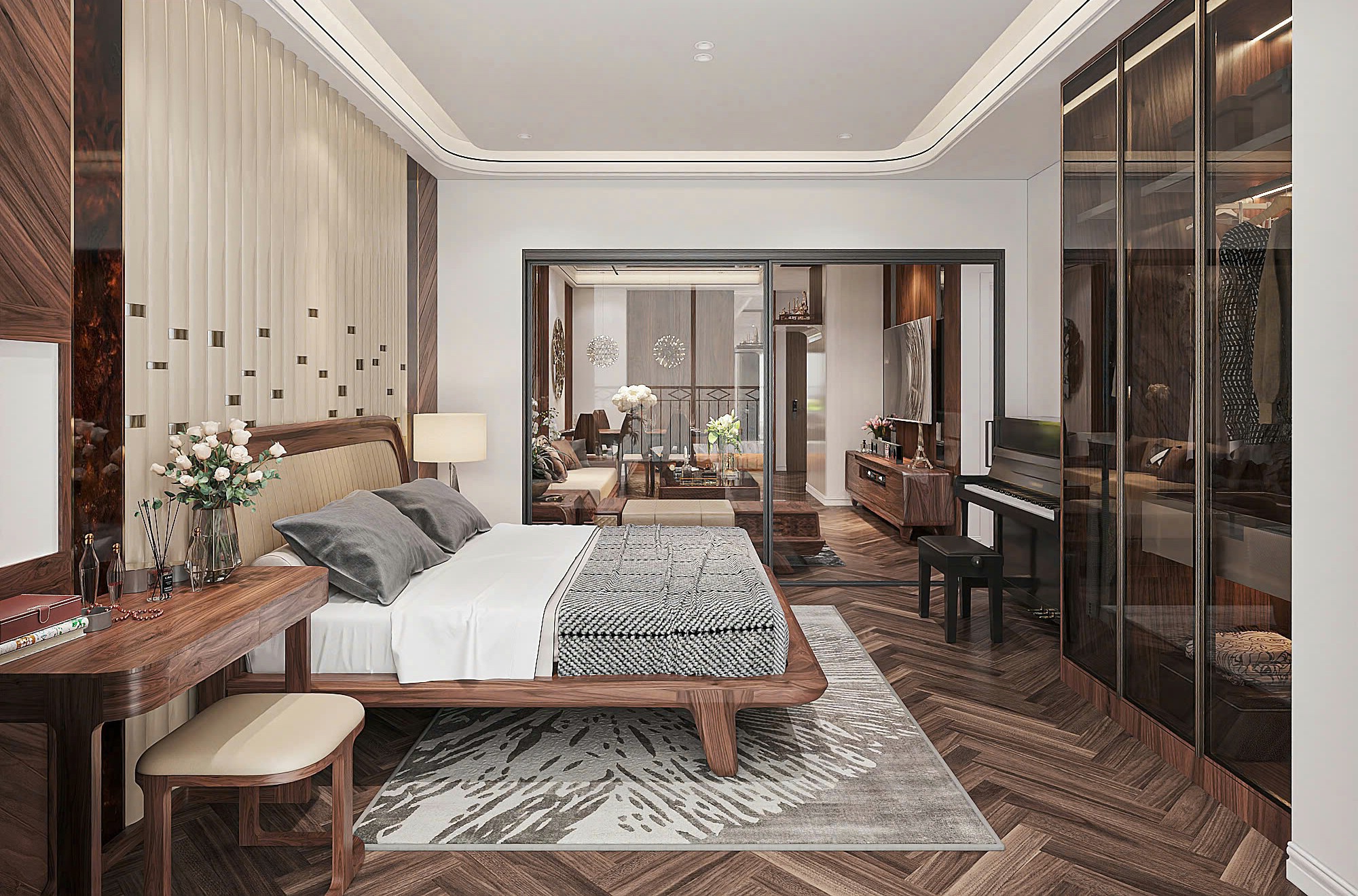 Thiết kế phòng ngủ hiện đại với giường gỗ óc chó và tủ quần áo kính