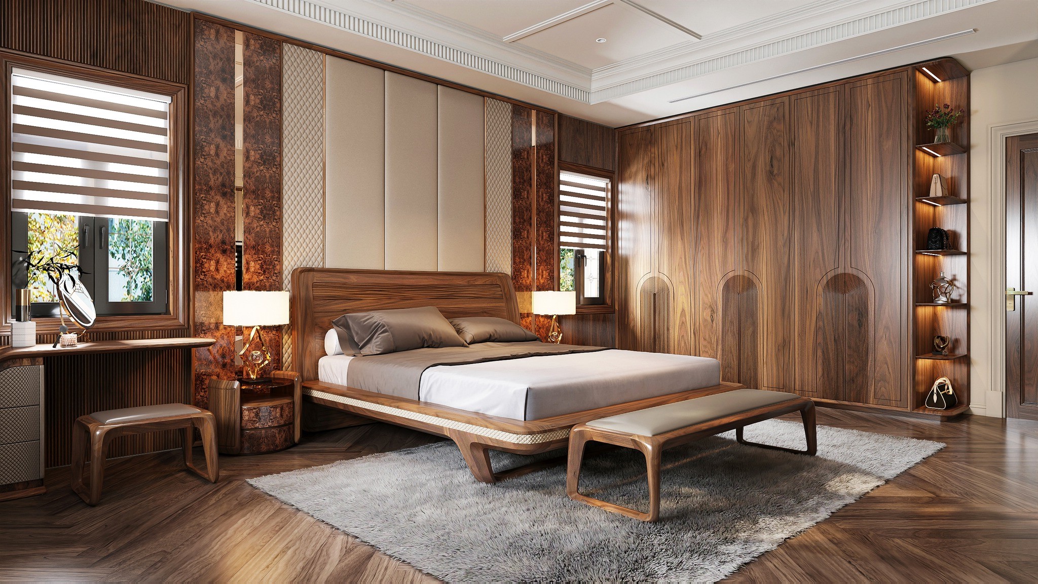 Thiết kế phòng ngủ master hiện đại với giường gỗ ốp da quả trám
