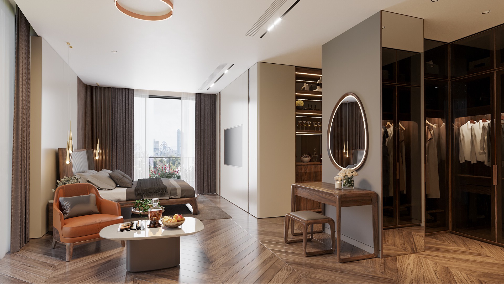 Thiết kế phòng ngủ master 25m2 với giường gỗ tự nhiên và tủ quần áo chữ U