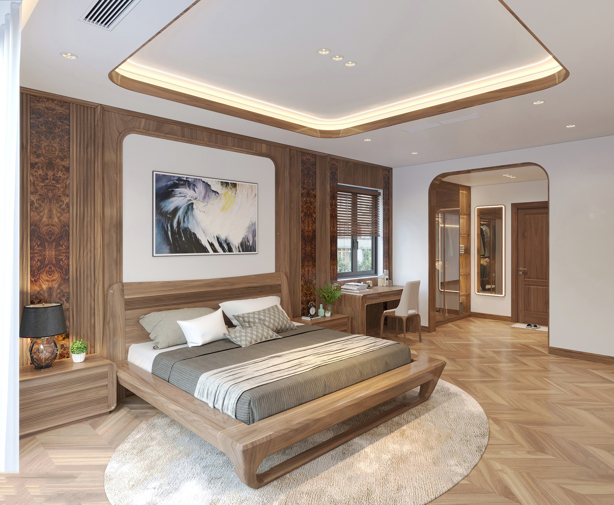 Thiết kế phòng ngủ nhỏ đẹp cho nữ với giường gỗ óc chó và tủ quần áo kính