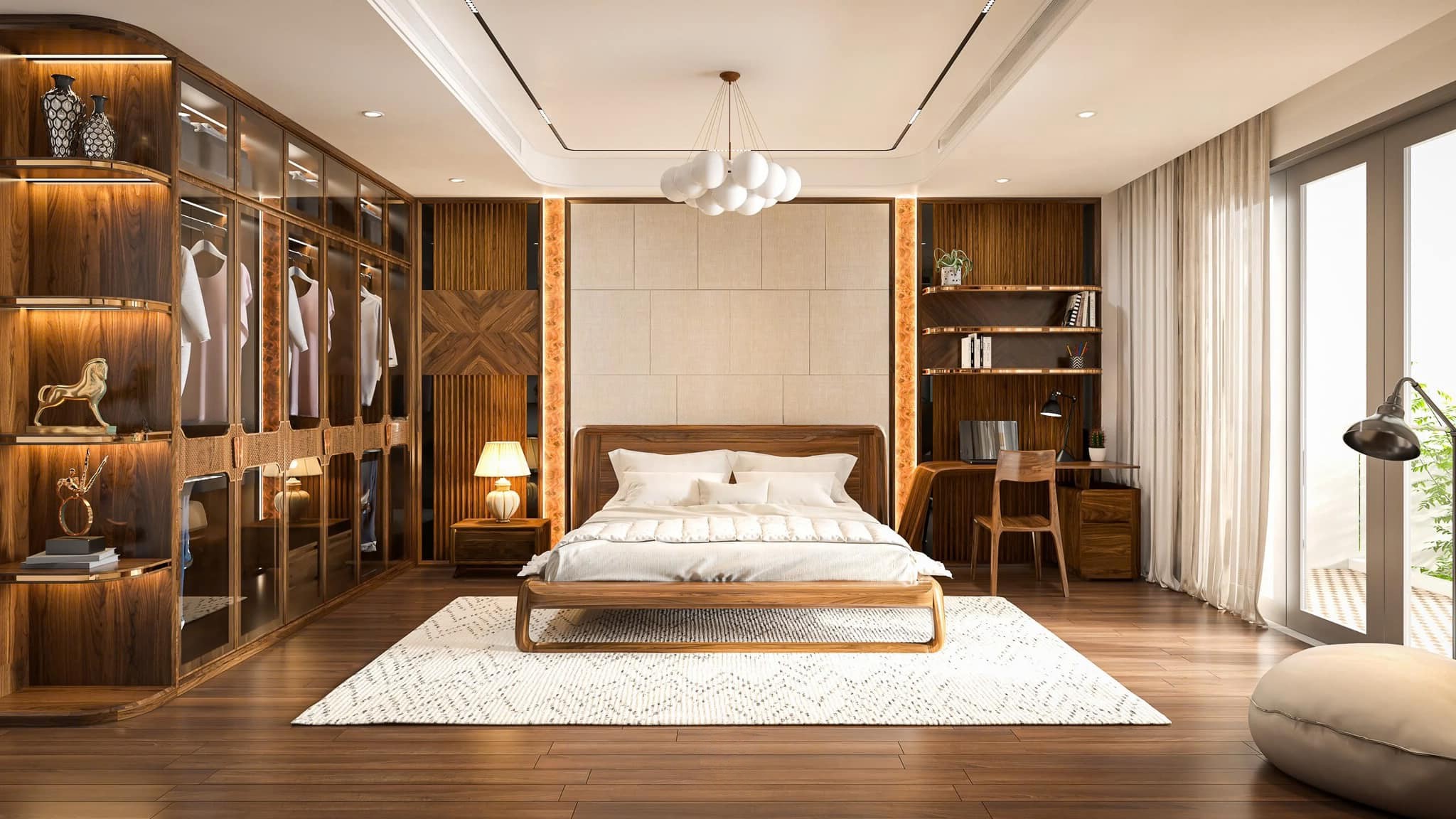 Thiết kế phòng ngủ thông minh với nội thất gỗ óc chó tự nhiên và tủ áo kính CNC