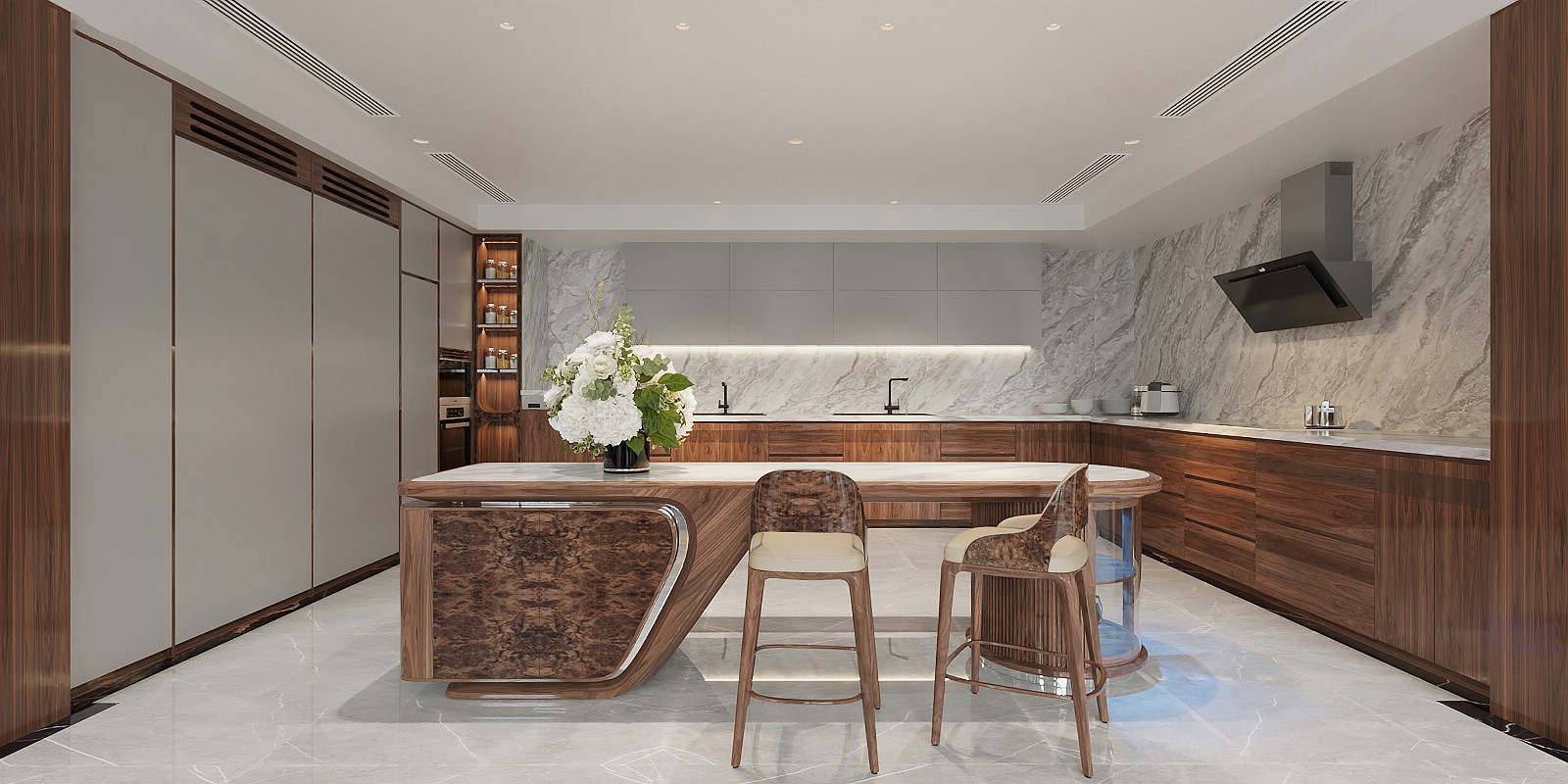 Thiết kế tủ bếp đẹp chữ L gỗ óc chó màu nâu đen kết hợp acrylic trắng