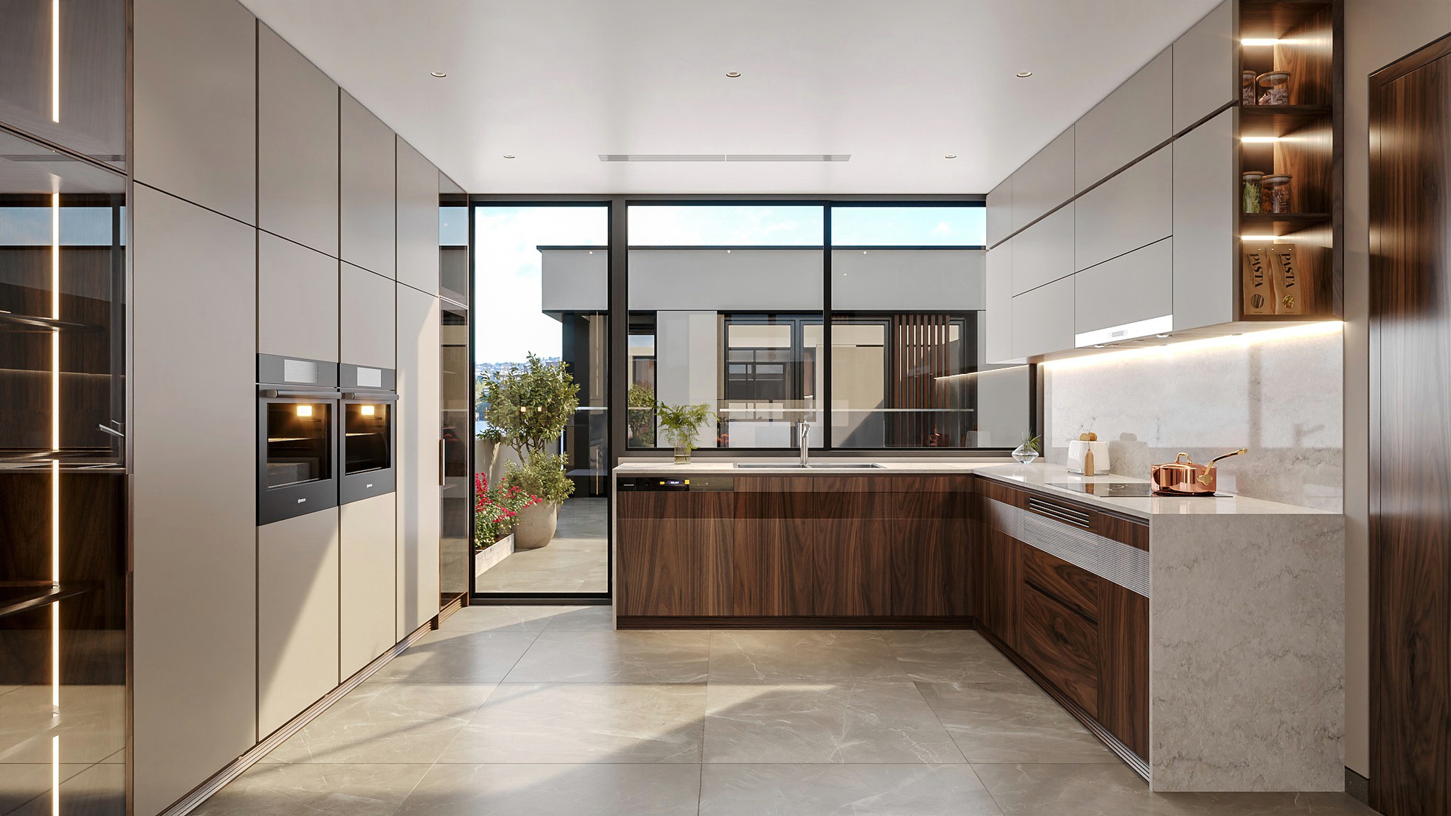 Thiết kế tủ bếp hiện đại chữ L cao kịch trần gỗ óc chó và acrylic trắng sang trọng