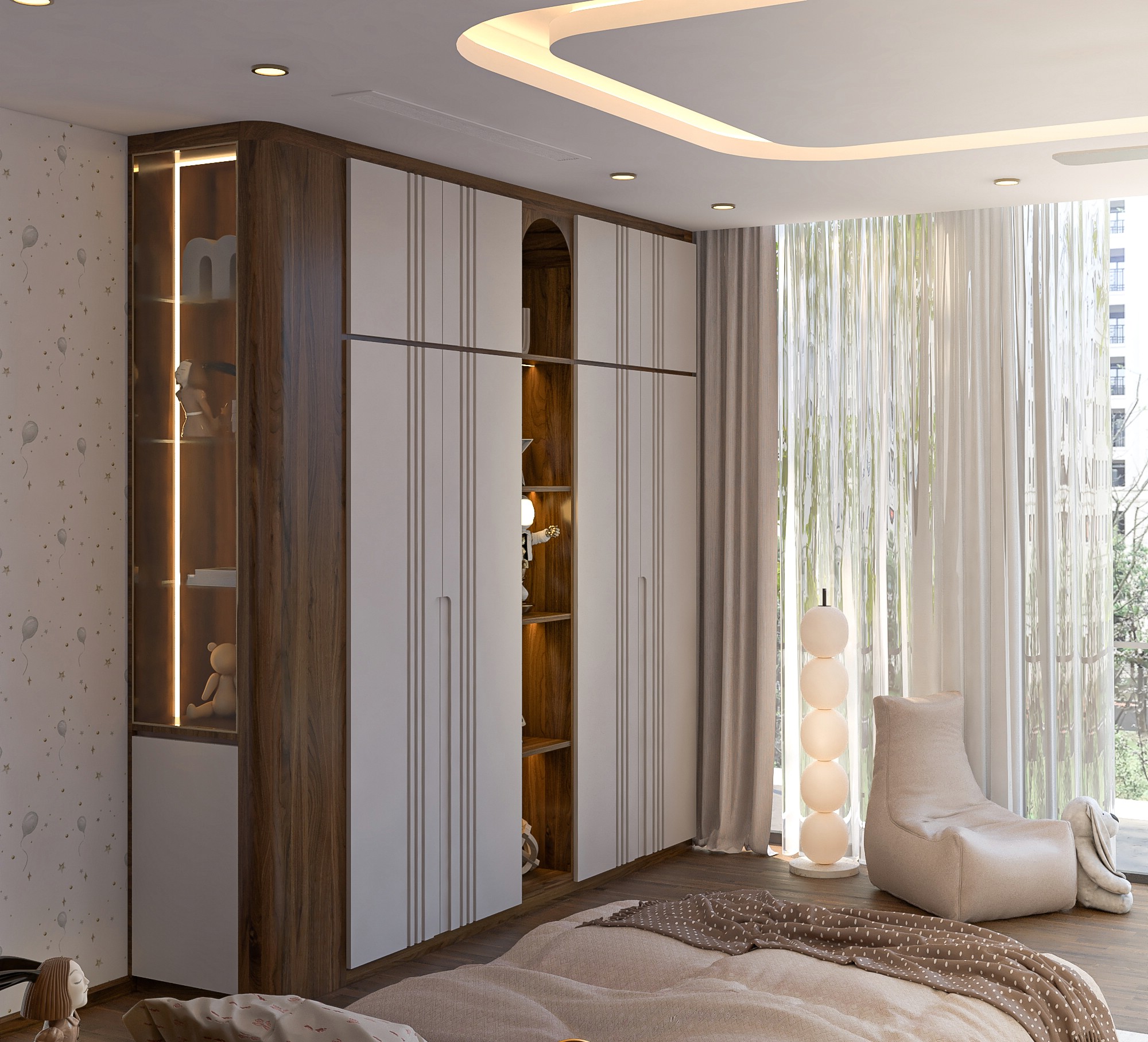 Thiết kế tủ quần áo cho phòng ngủ nhỏ chữ I bằng gỗ óc chó với kệ trang trí tiện lợi