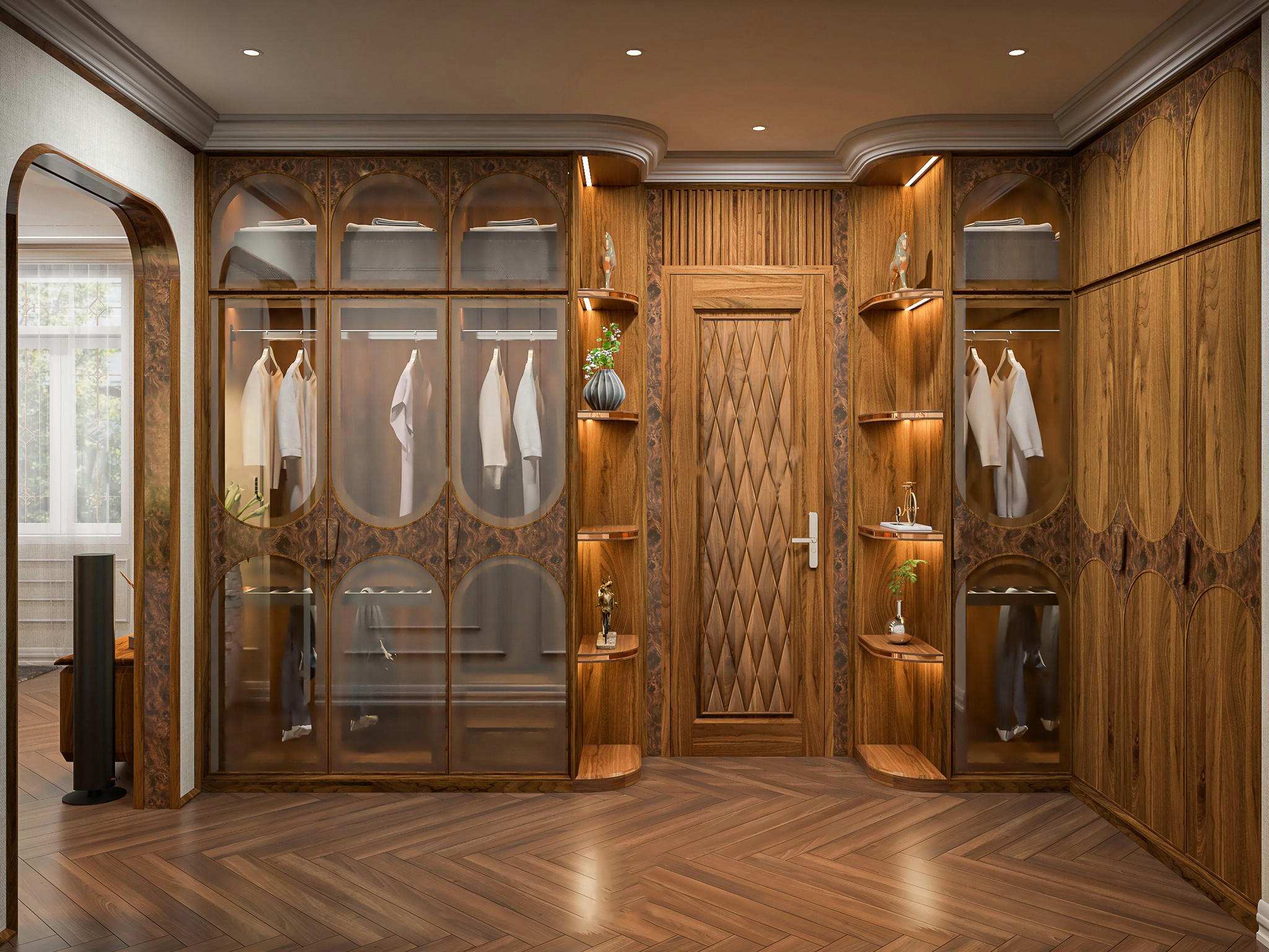 Thiết kế tủ quần áo trong phòng ngủ gỗ tự nhiên cao kịch trần với cánh kính viền veneer nu