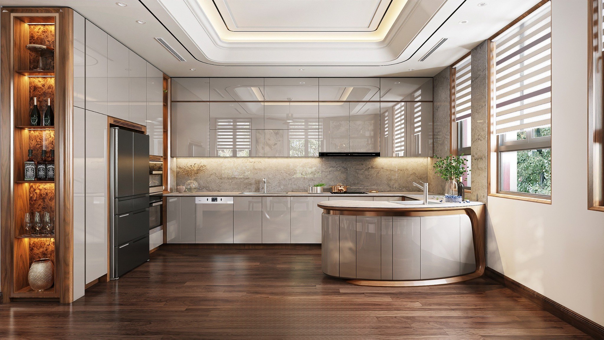 Tủ bếp cánh acrylic chữ U màu trắng ghi với bàn đảo bán nguyệt hiện đại