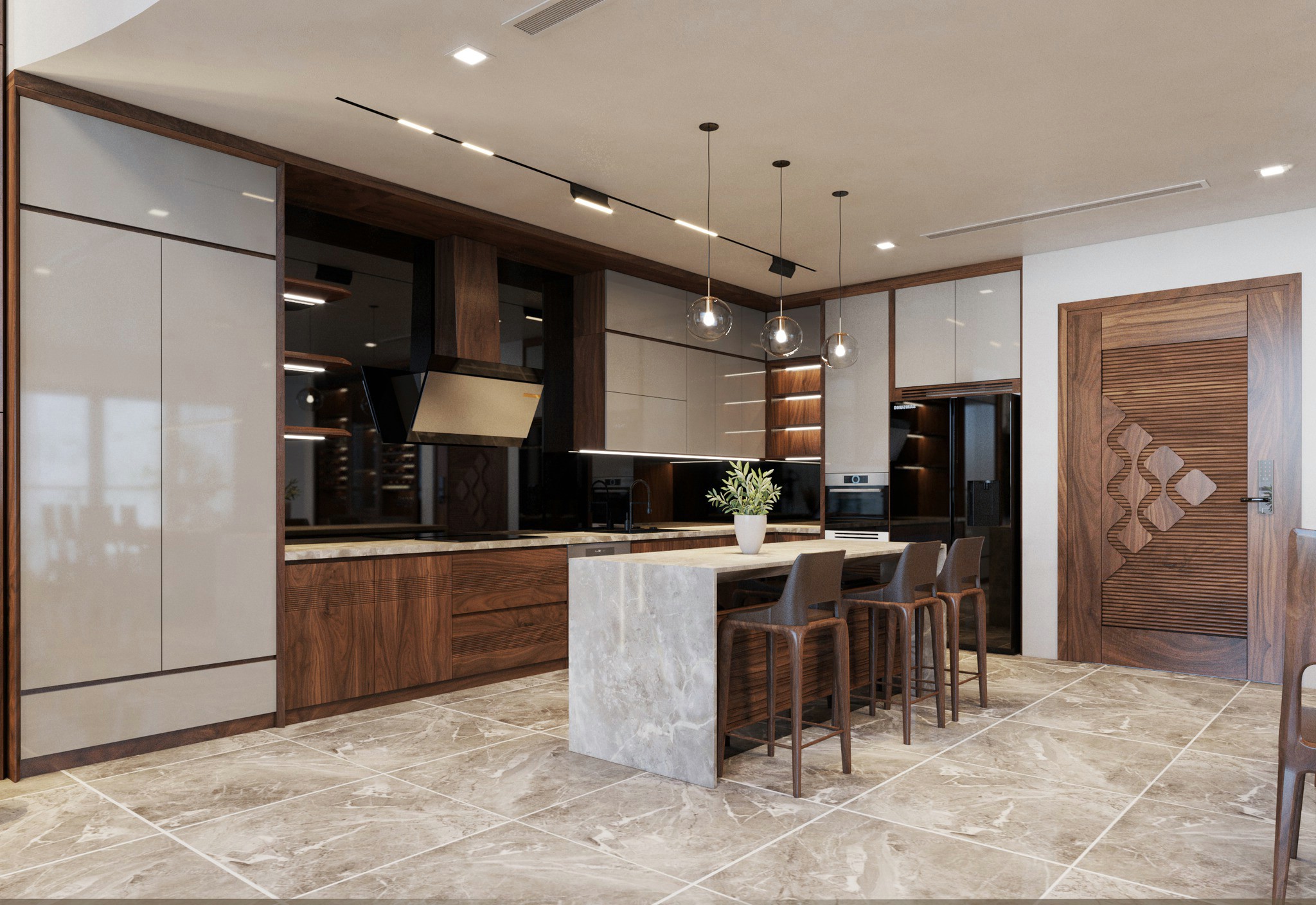 Tủ bếp chữ L đẹp với tủ trên acrylic trắng và tủ dưới gỗ óc chó sang trọng