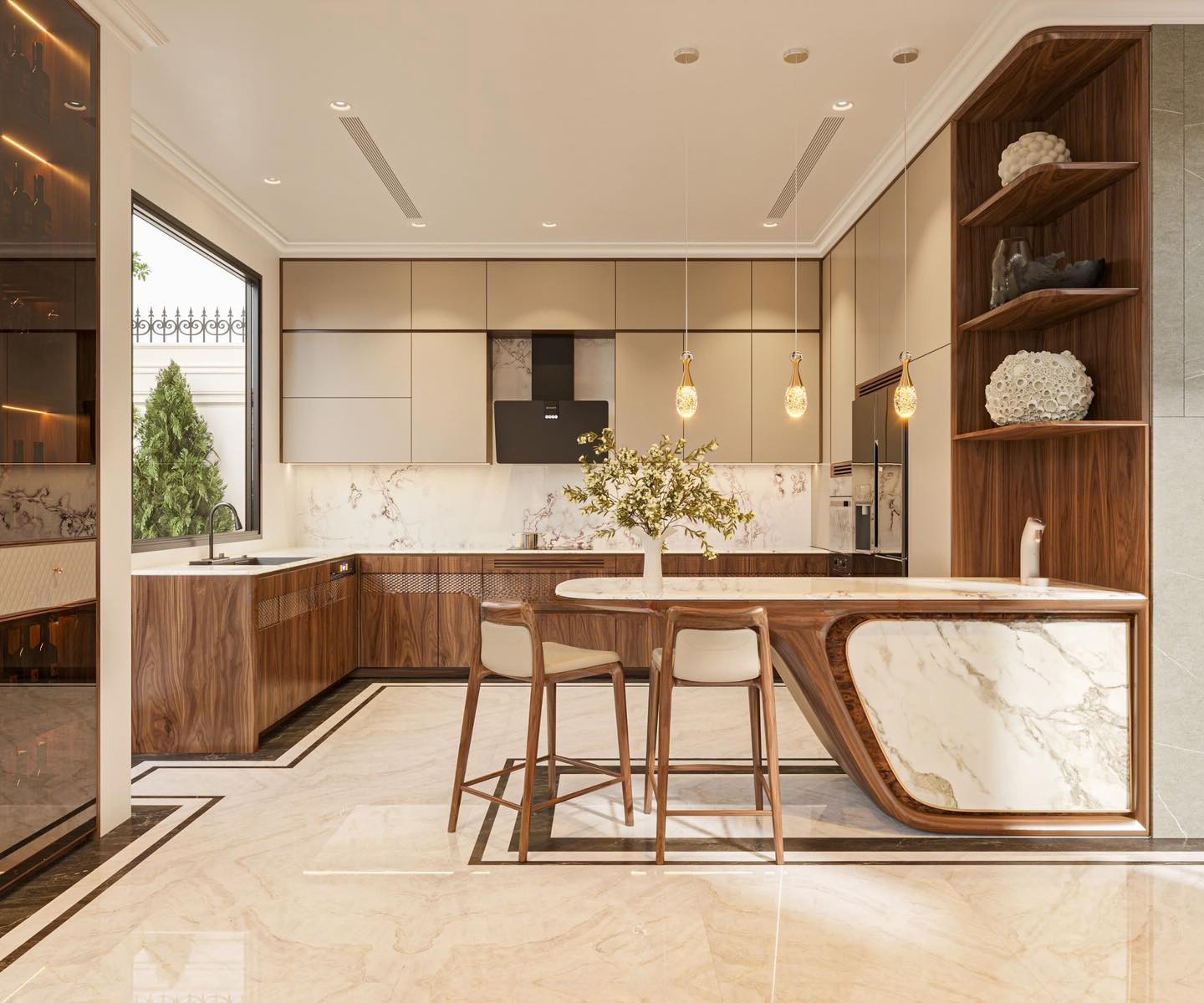 Tủ bếp gỗ óc chó phối cánh Acrylic và quầy bar chữ Z