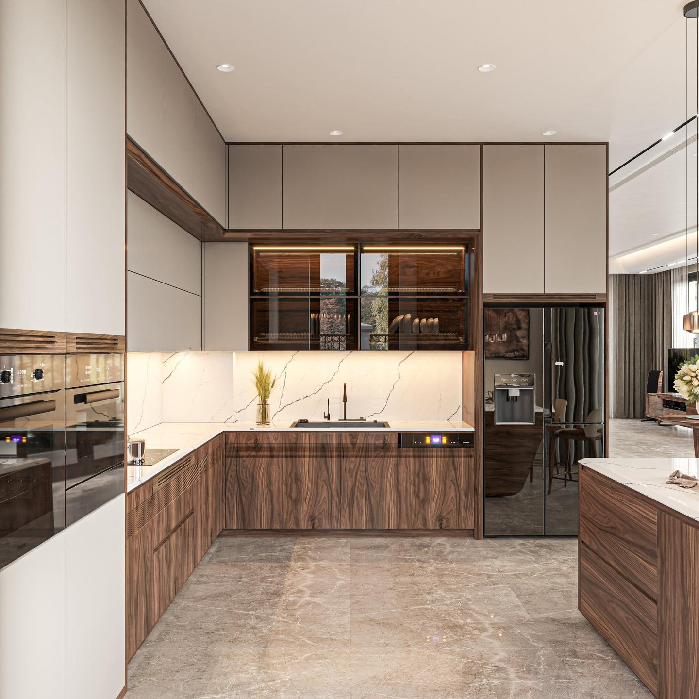 Tủ bếp chữ L kết hợp đảo hiện đại với vật liệu veneer, acrylic và đá marble trắng
