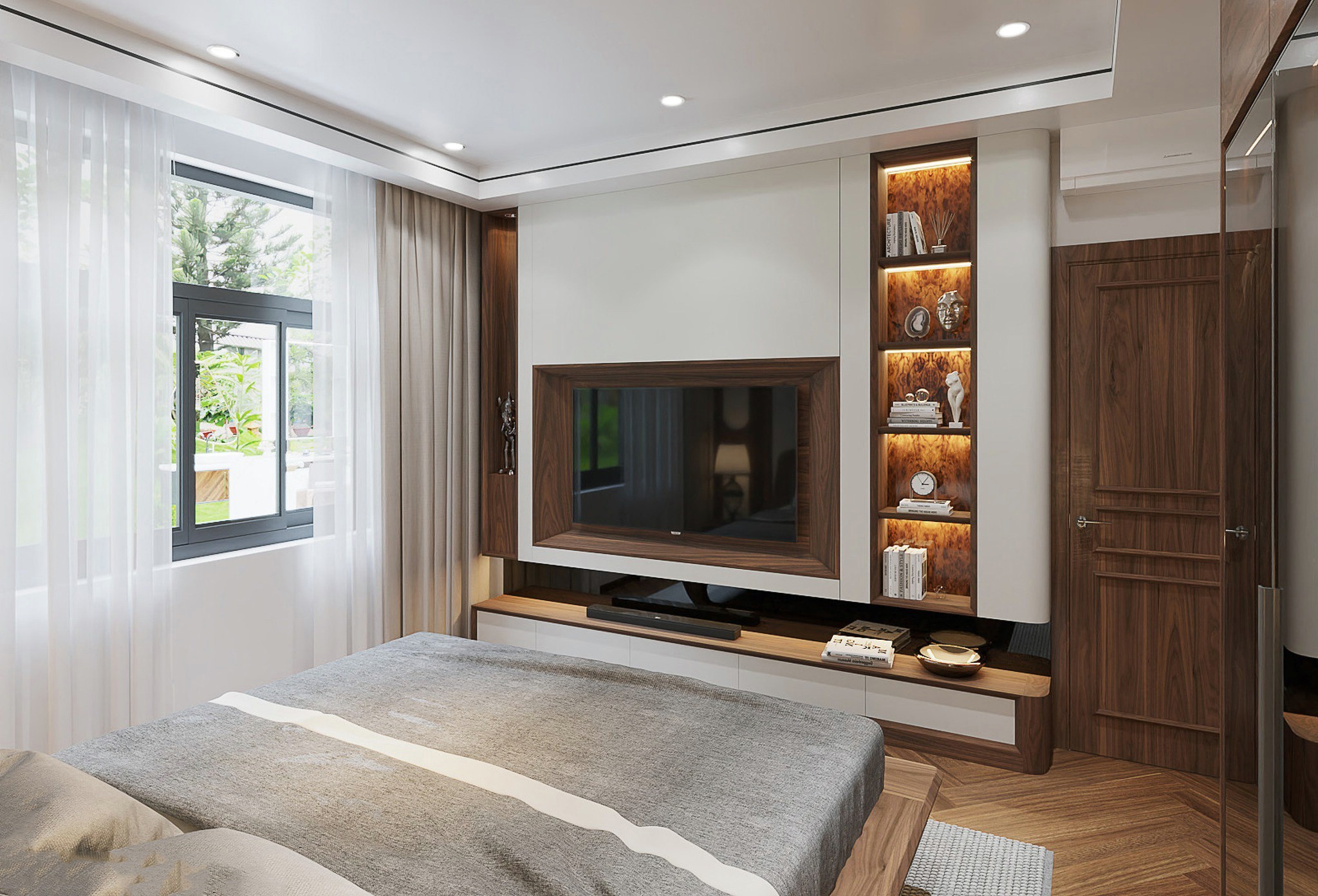 Tủ kệ tivi hiện đại bằng gỗ MDF lõi xanh với ngăn kéo acrylic trắng và vách ốp veneer nu