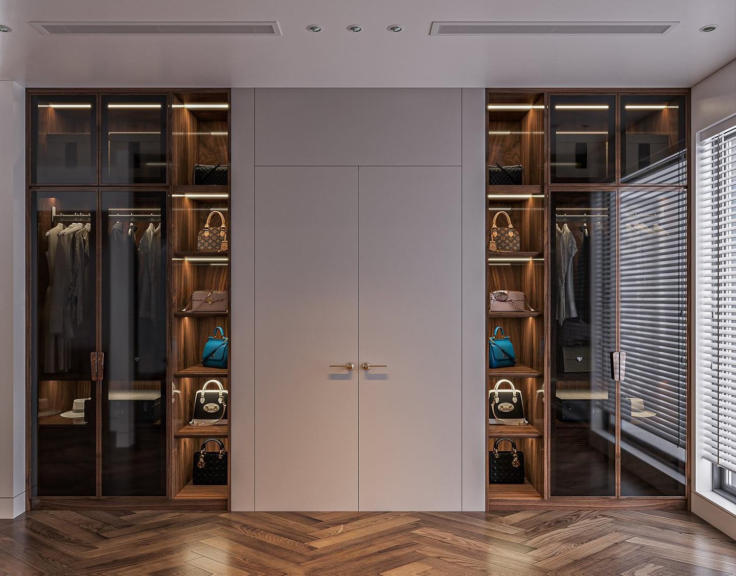 Tủ quần áo gỗ hiện đại âm tường chữ I với cánh acrylic trắng ghi và kính trong suốt