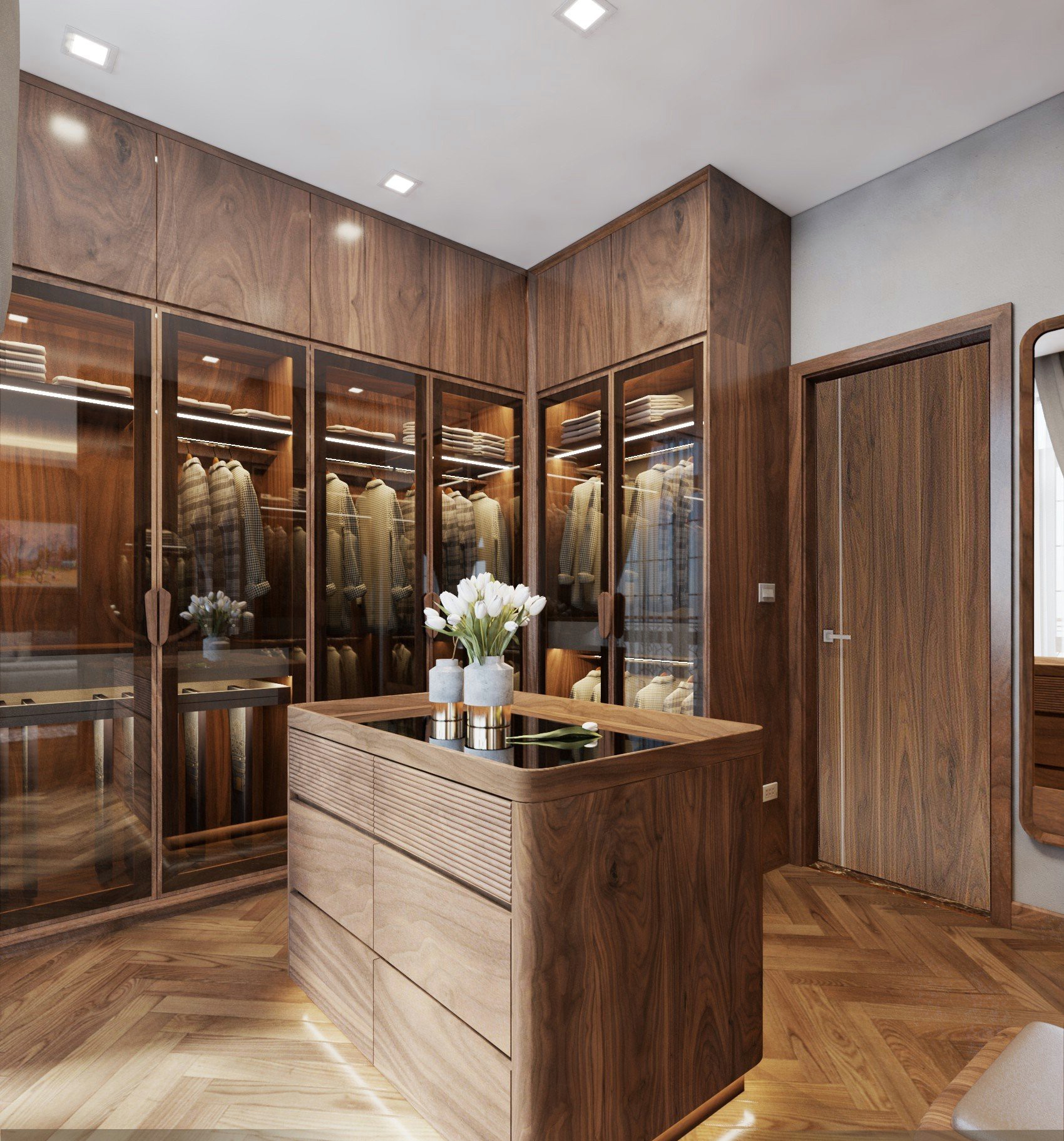 Tủ quần áo gỗ tự nhiên cao cấp chữ L với cánh kính và đèn LED âm tủ