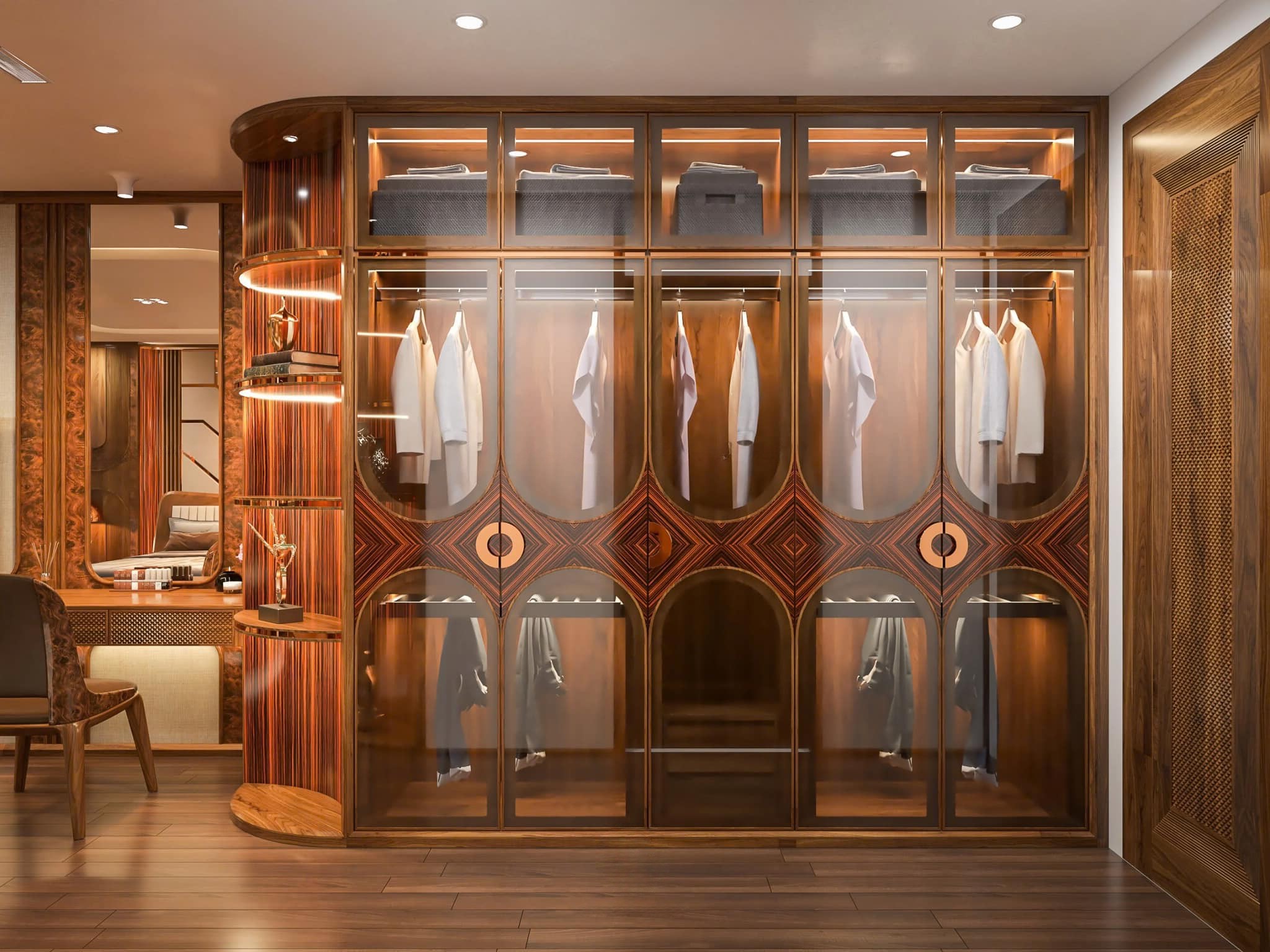 Tủ quần áo gỗ Art Deco với 5 cánh kính họa tiết hình thoi và kệ vòm cung trang trí