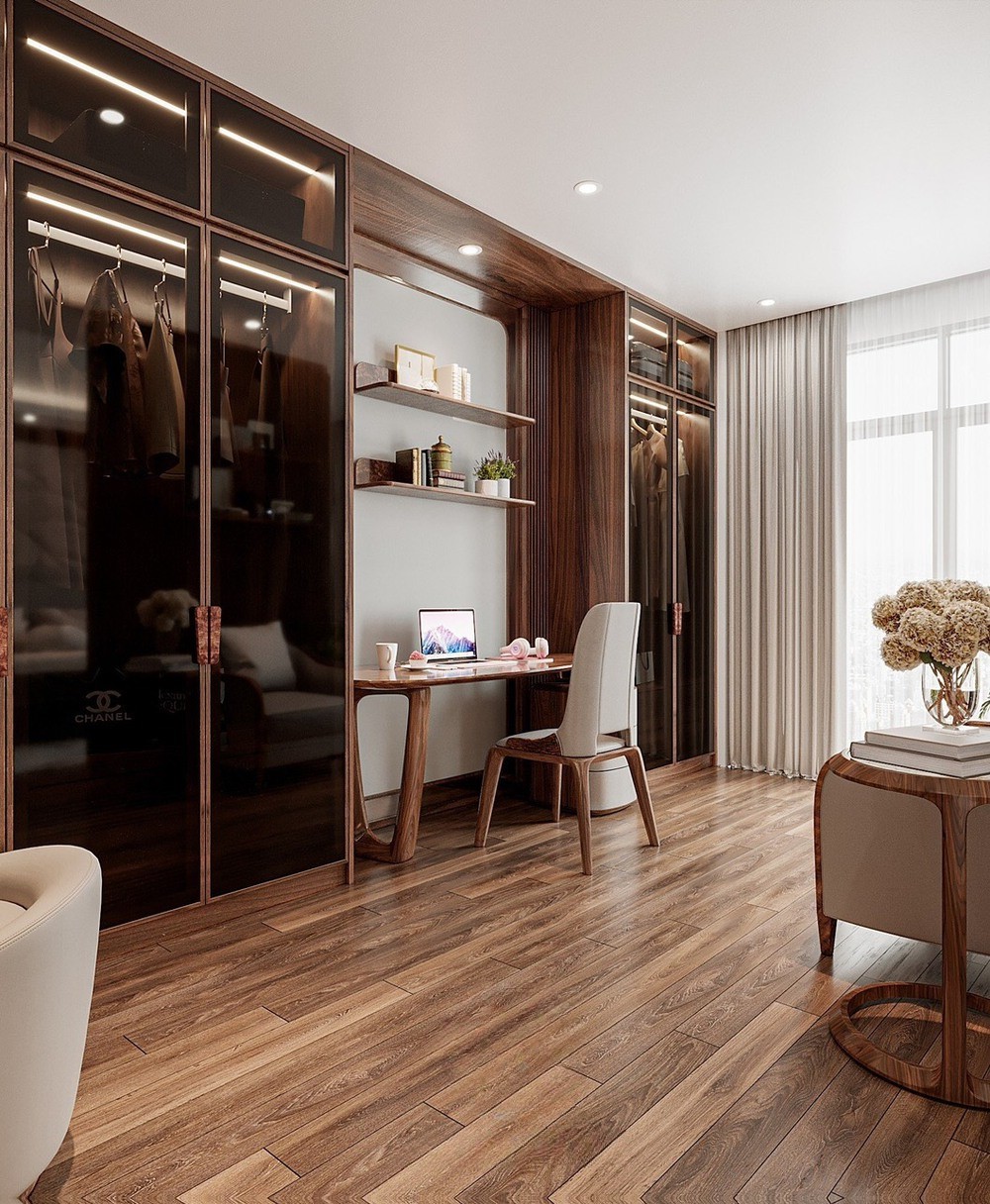 Tủ quần áo hiện đại sang trọng kết hợp bàn làm việc gỗ óc chó