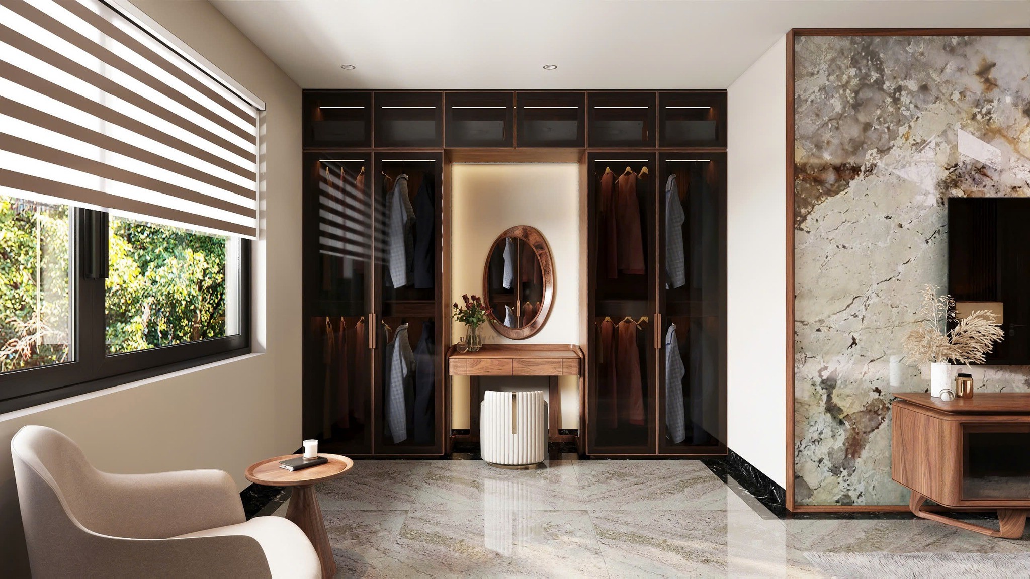 Tủ quần áo kết hợp bàn trang điểm đẹp với tủ kính cao kịch trần và gỗ laminate nâu trầm