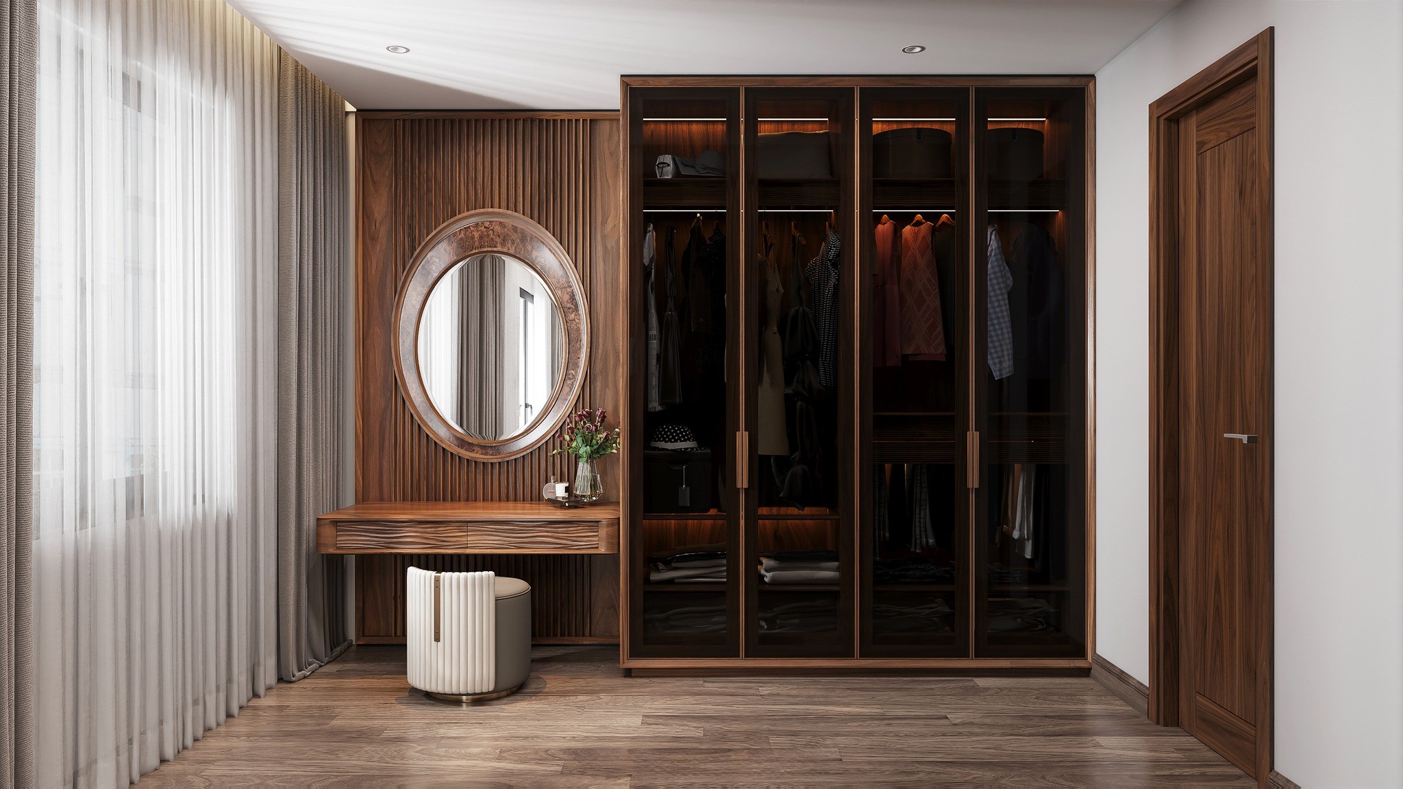 Tủ quần áo kết hợp bàn trang điểm với cánh kính cường lực trong suốt và bàn gắn tường có gương oval