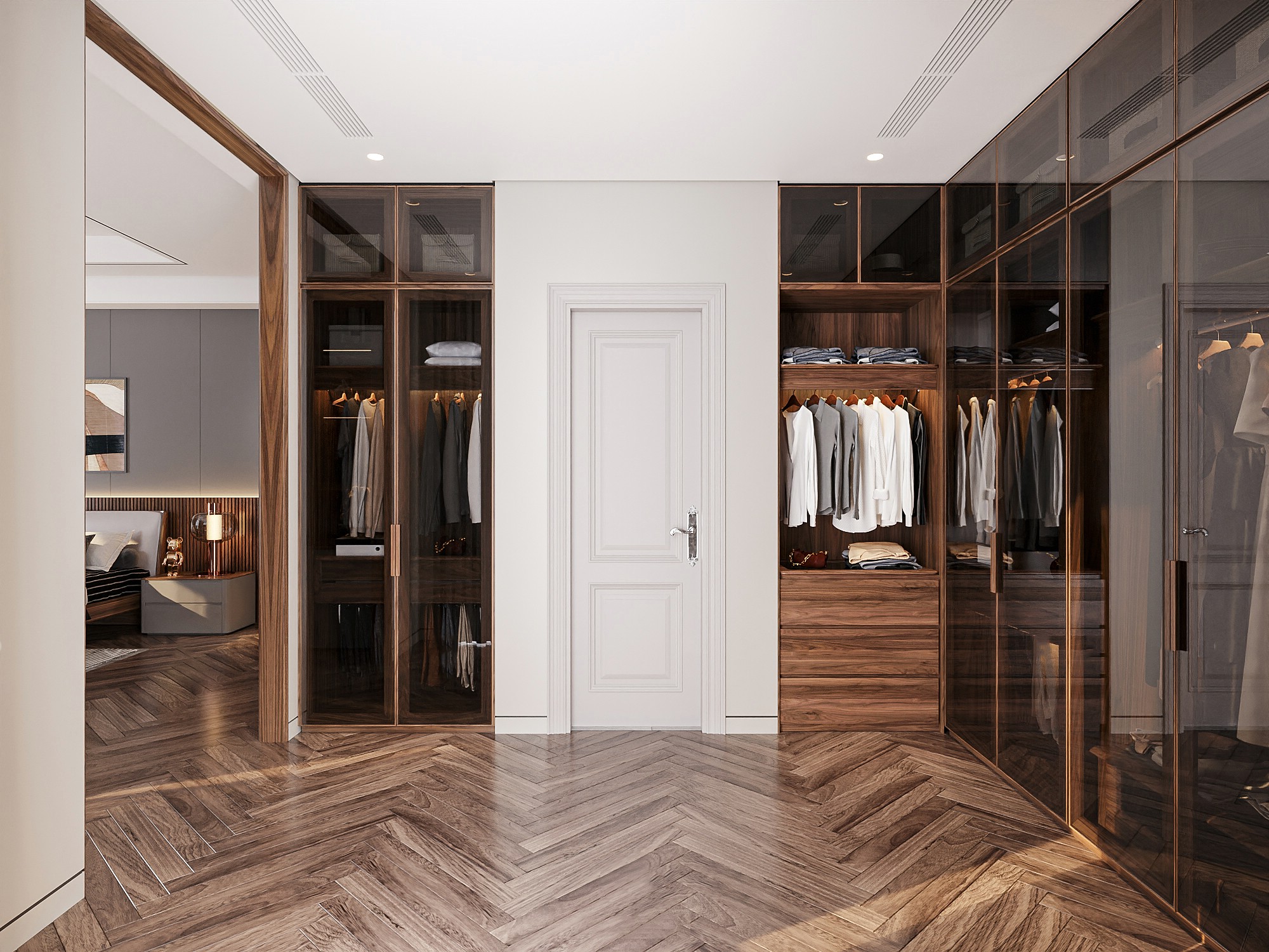 Tủ quần áo phòng ngủ hiện đại kịch trần với thiết kế 2 cánh kính và tủ chữ L