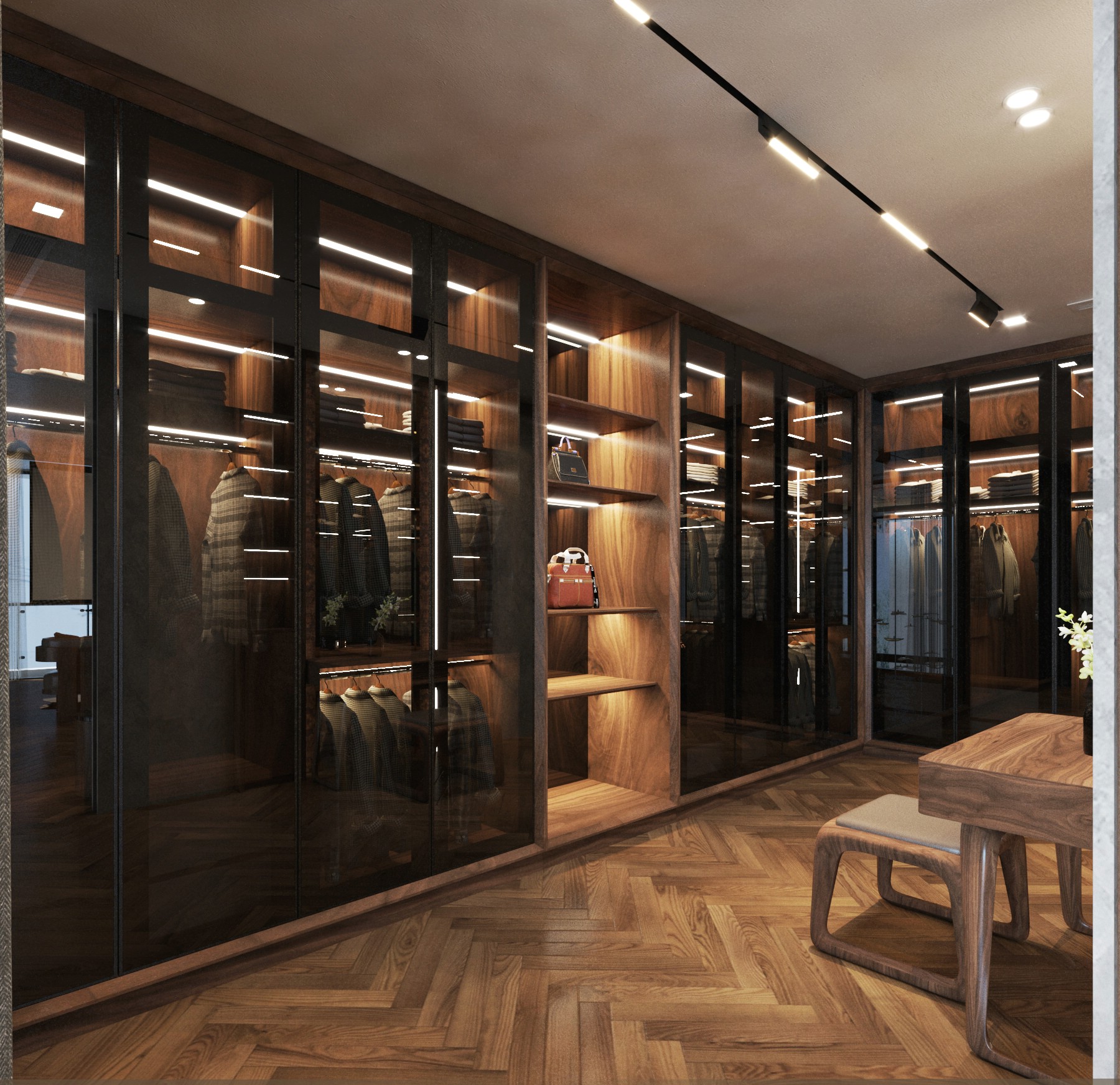 Tủ quần áo phòng ngủ chữ L cao kịch trần với cánh kính và kệ trang trí 6 tầng