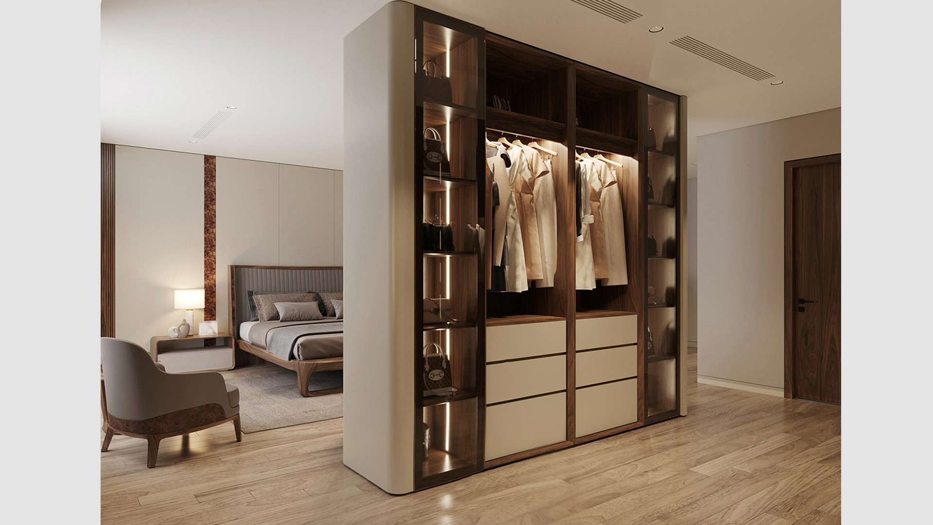 Tủ quần áo thông minh hiện đại chữ I cao kịch trần với kệ túi xách và đèn LED