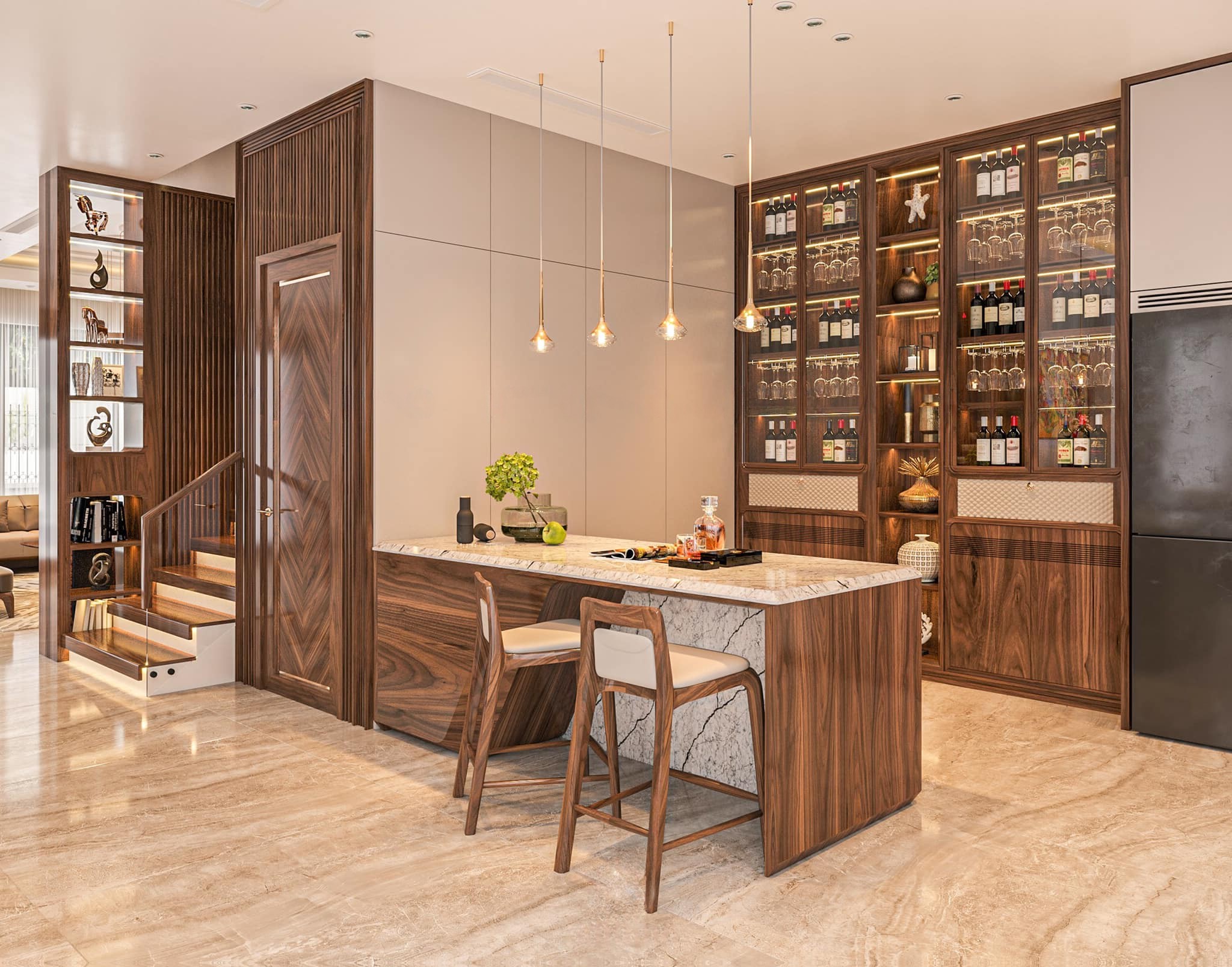 Tủ rượu gỗ óc chó cao cấp cao kịch trần phối kính, da và quầy bar thấp