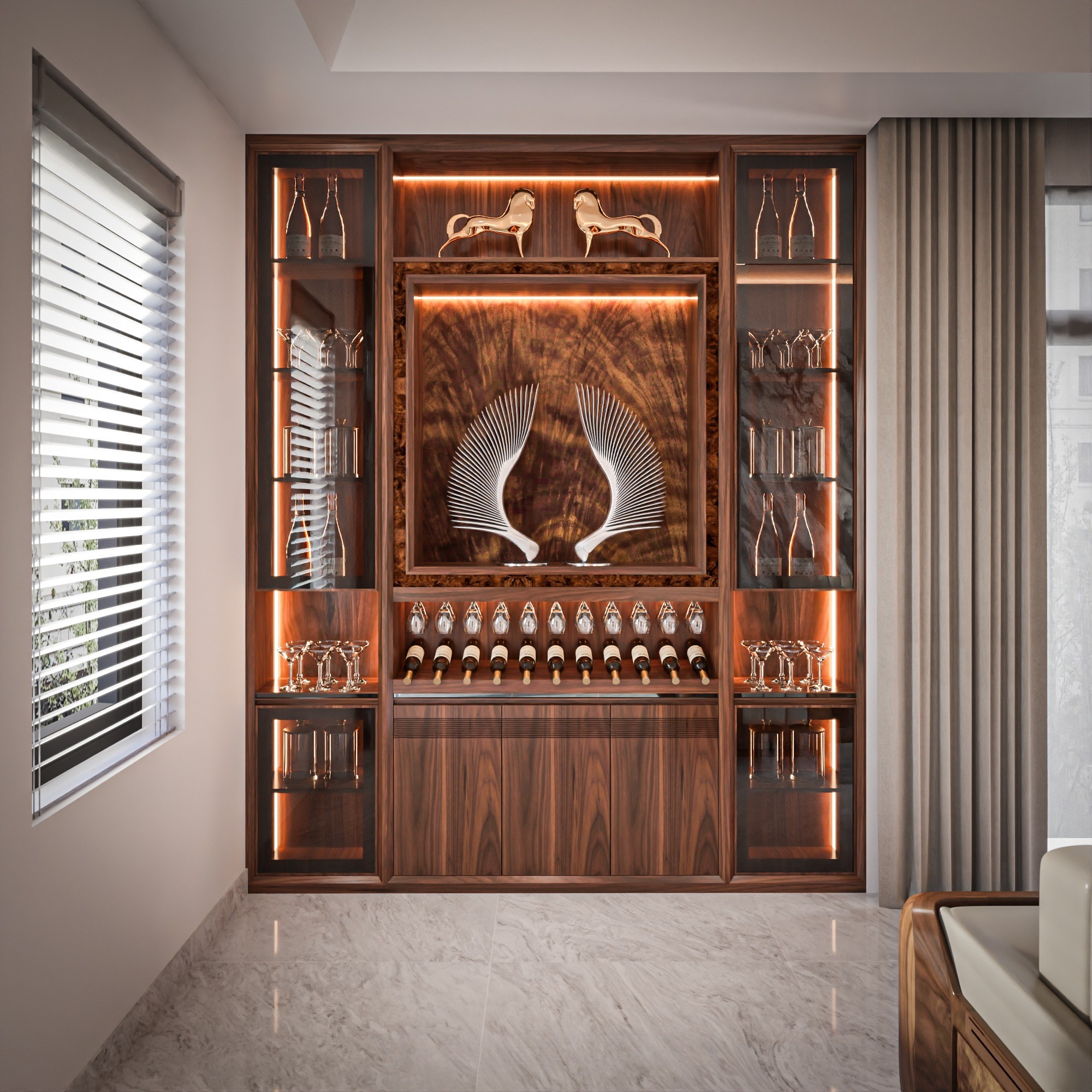 Tủ rượu gỗ tự nhiên cao kịch trần với kệ kính trong suốt hiện đại