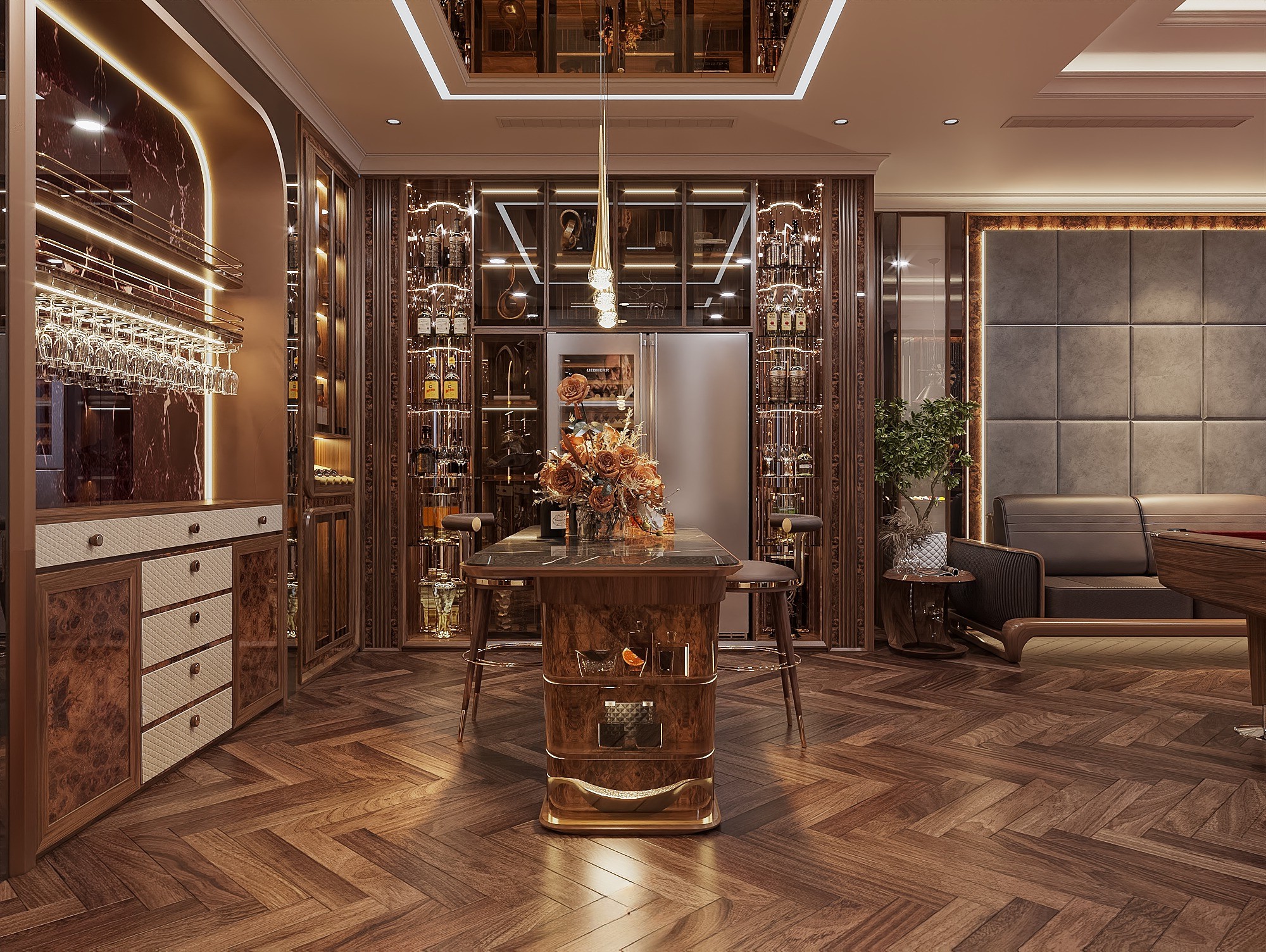 Tủ rượu góc tường hiện đại chữ L cao kịch trần