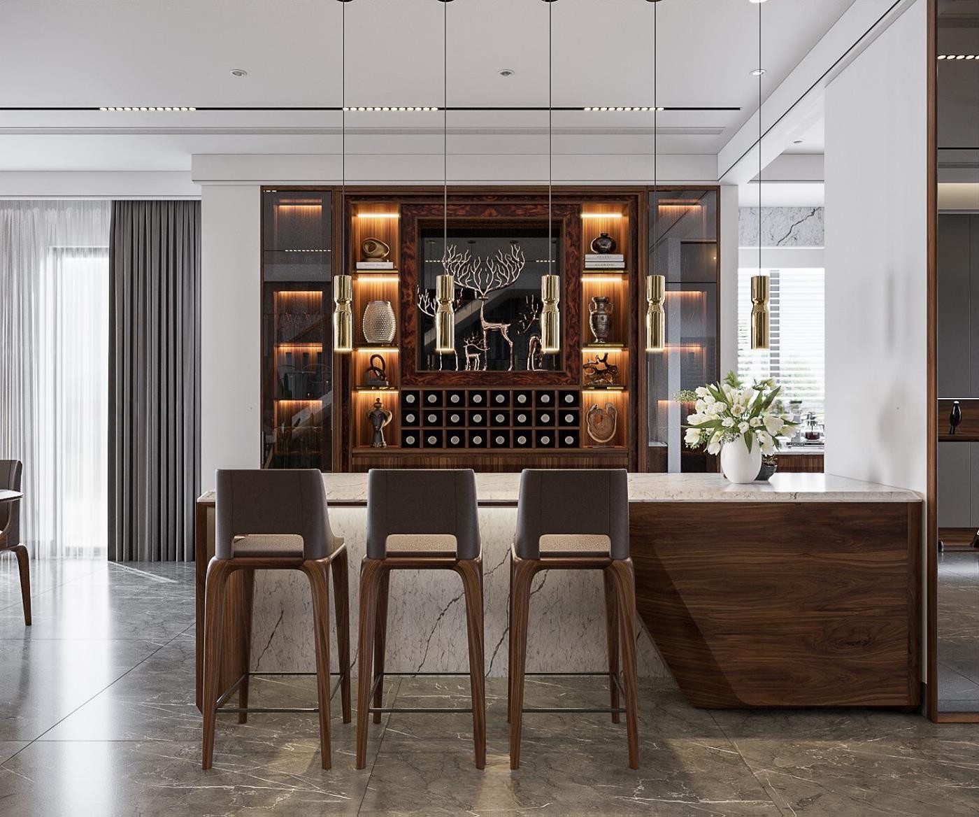 Tủ rượu hiện đại âm tường kết hợp quầy bar mặt đá marble sang trọng