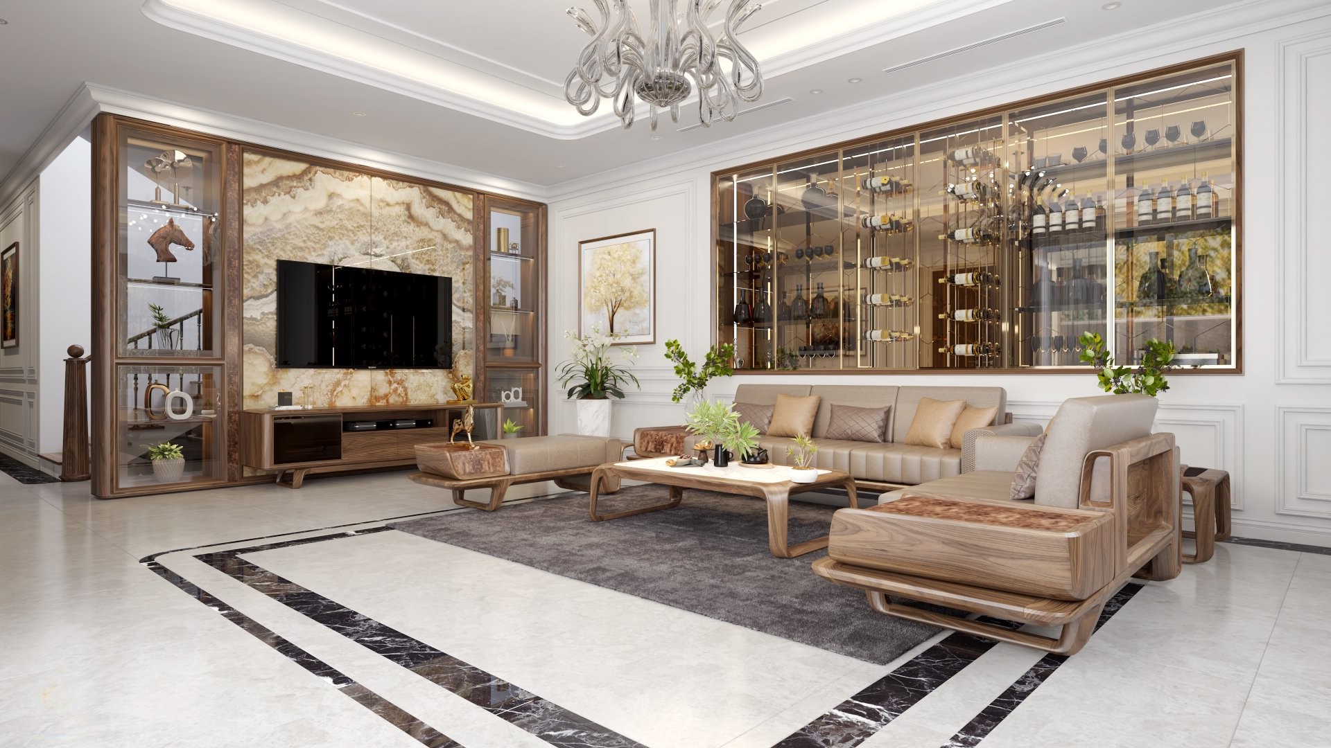 Tủ rượu phòng khách hiện đại âm tường với cánh kính viền vàng đồng